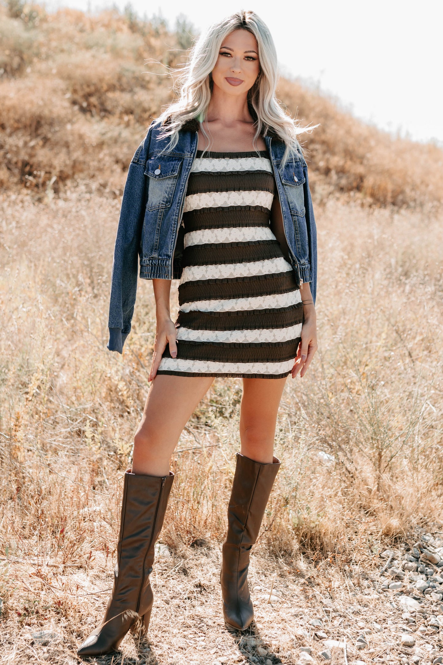 Later Babes Striped Lace Mini Dress (Brown)