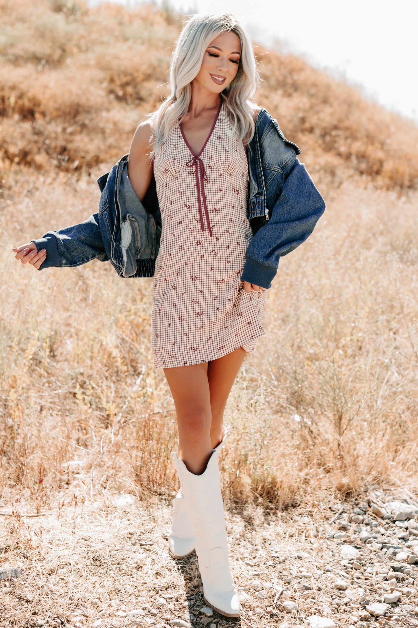 You Again Floral Gingham Halter Mini Dress (Burgundy)