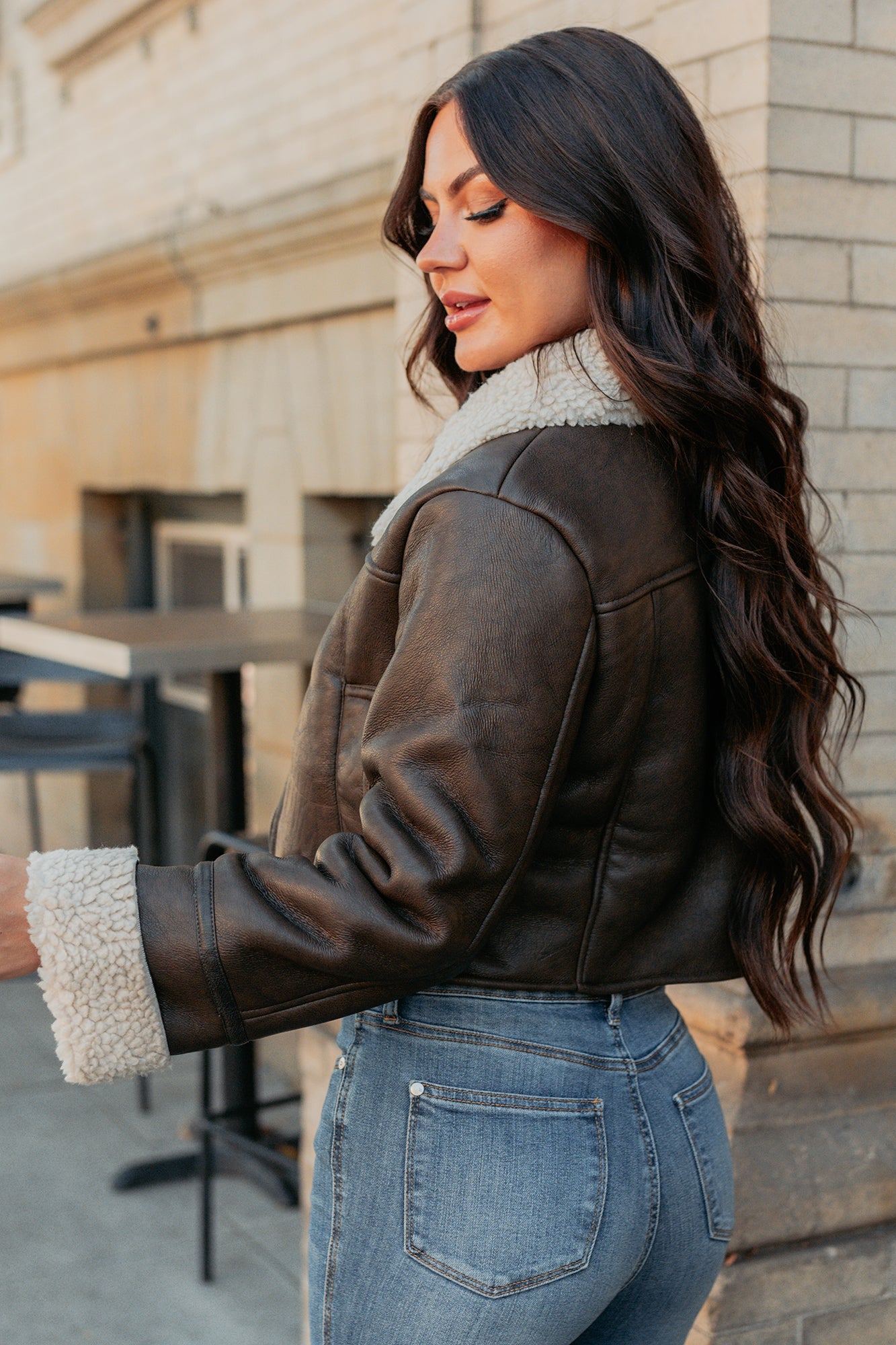 Serves You Right Sherpa Lined Faux Leather Jacket (Brown)