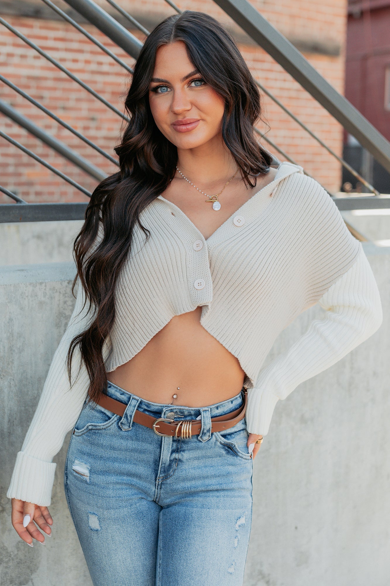 Dream Mirage Contrast Sleeve Cardigan Sweater (Sand)