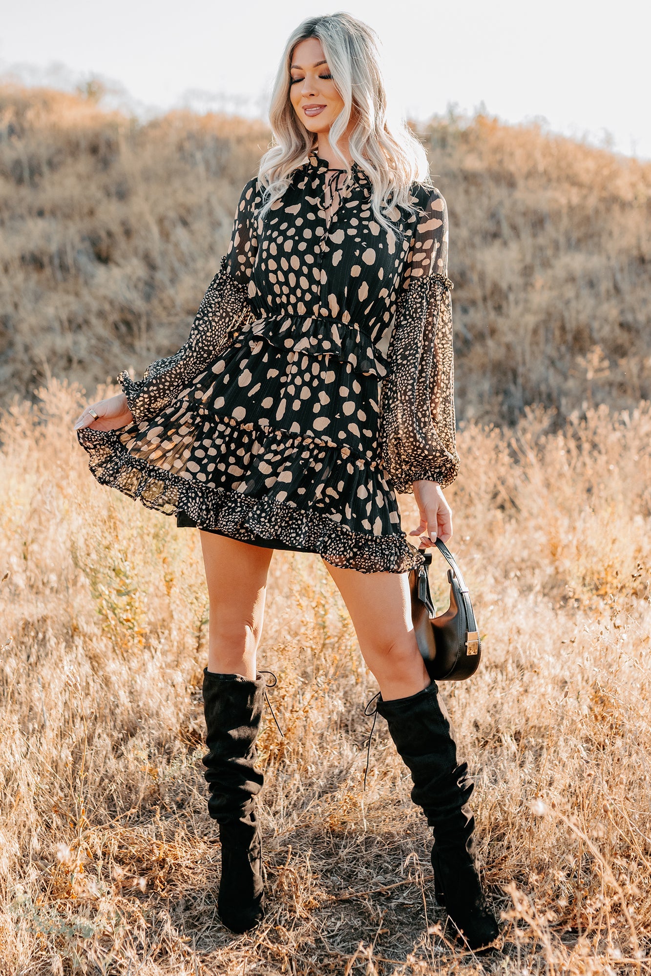 Good As Gold Chiffon Ruffle Mini Dress (Black Print)