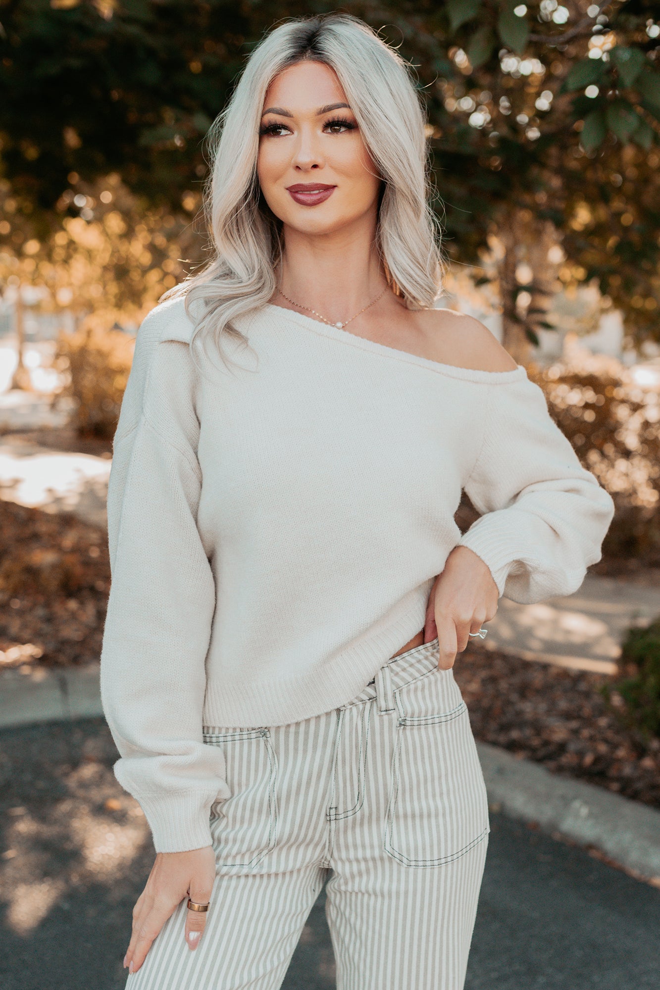 Into Your Arms One-Shoulder Knit Sweater (Cream)