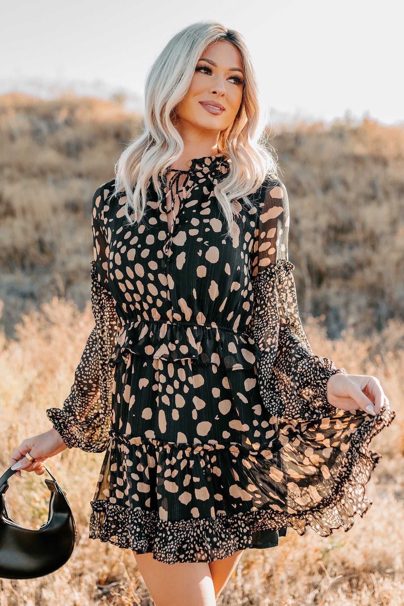 Good As Gold Chiffon Ruffle Mini Dress (Black Print)