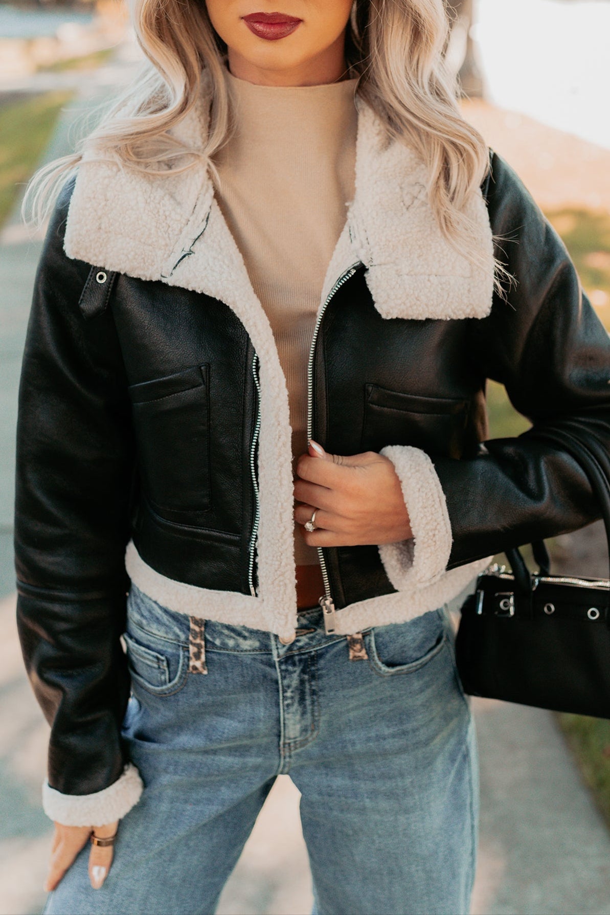 Urban Chill Faux Leather Sherpa Lined Jacket (Black/Beige)