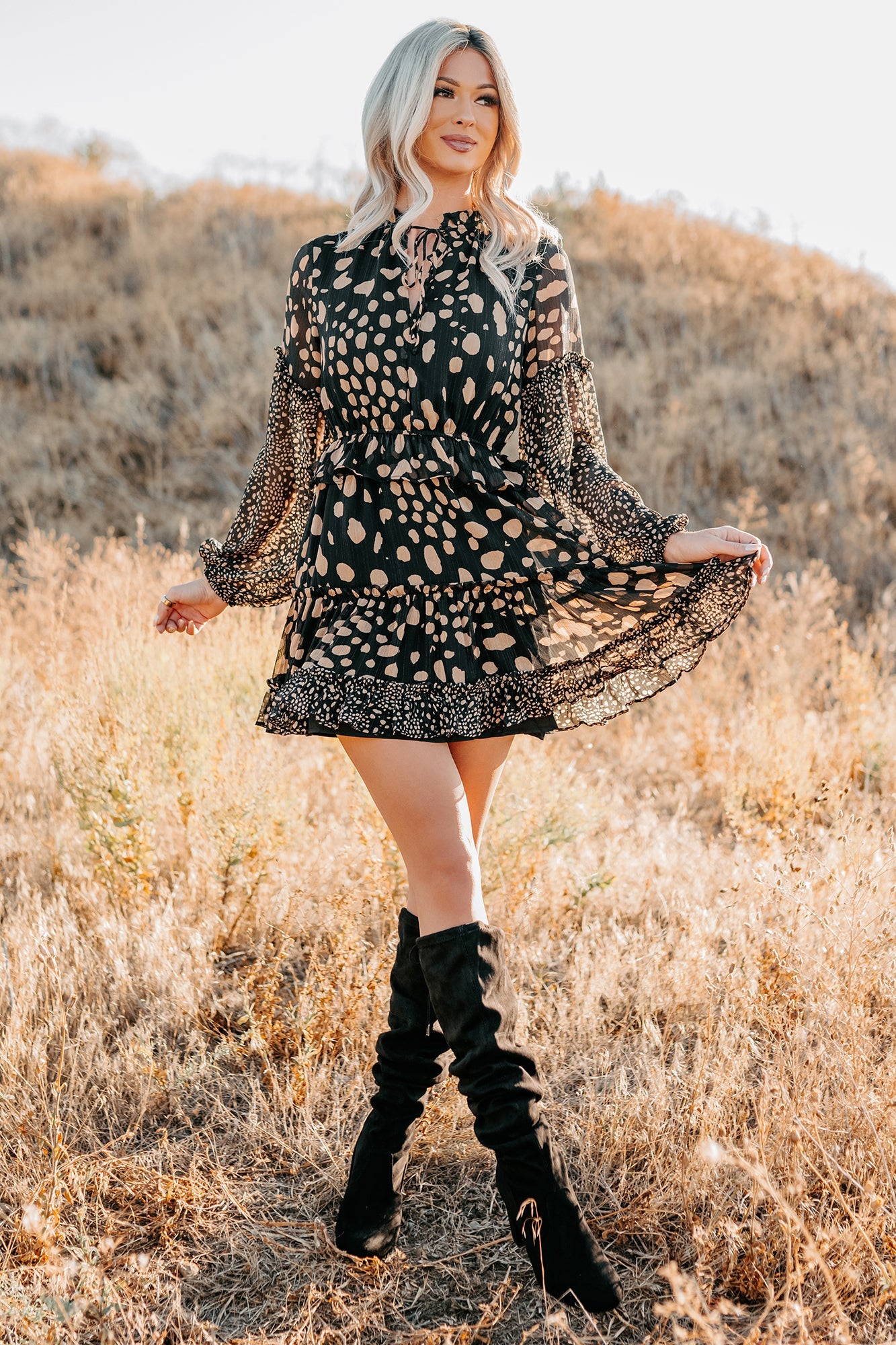 Good As Gold Chiffon Ruffle Mini Dress (Black Print)