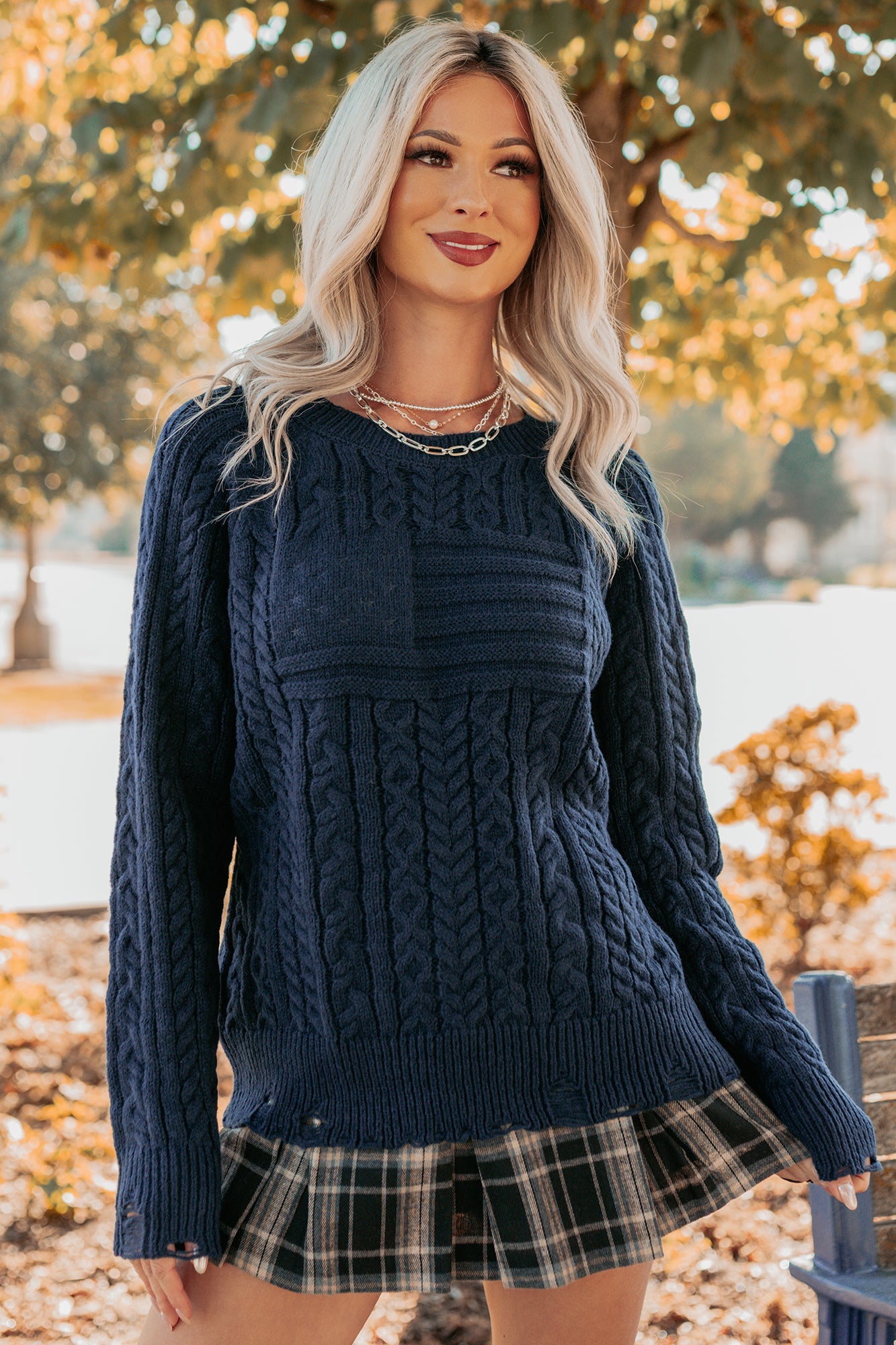 Wild Grace Distressed Hem Flag Cable Knit Sweater (Navy)