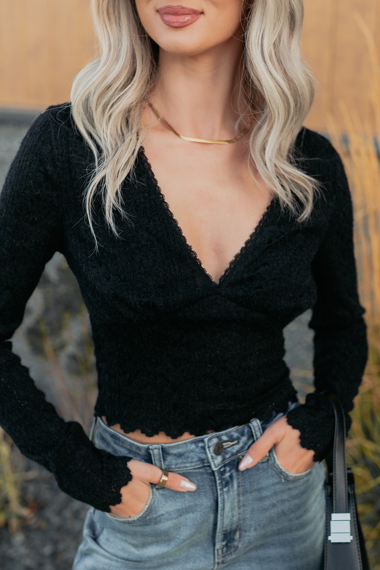 Born Untamed Long Sleeve V Neck Lace Top (Black)