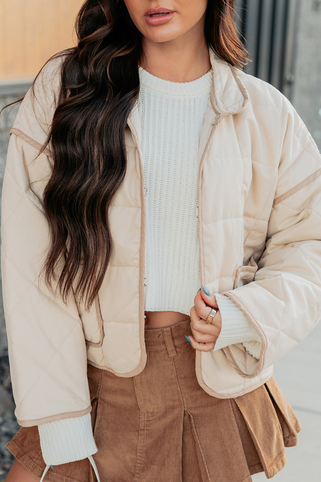 Pure Desire Contrast Trim Quilted Puffer Jacket (Beige)