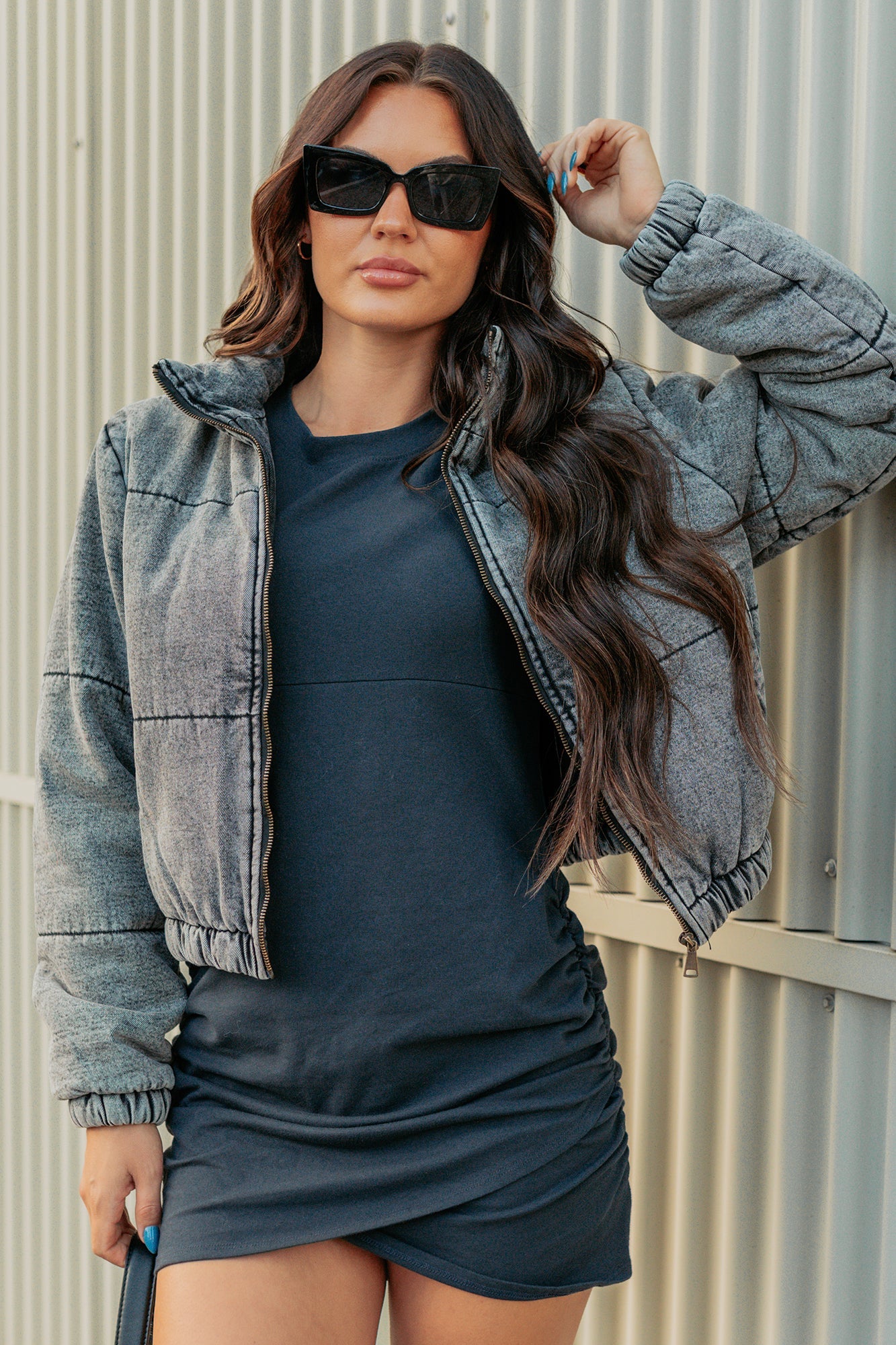 Warm Refuge Denim Cropped Puffer Jacket (Black)