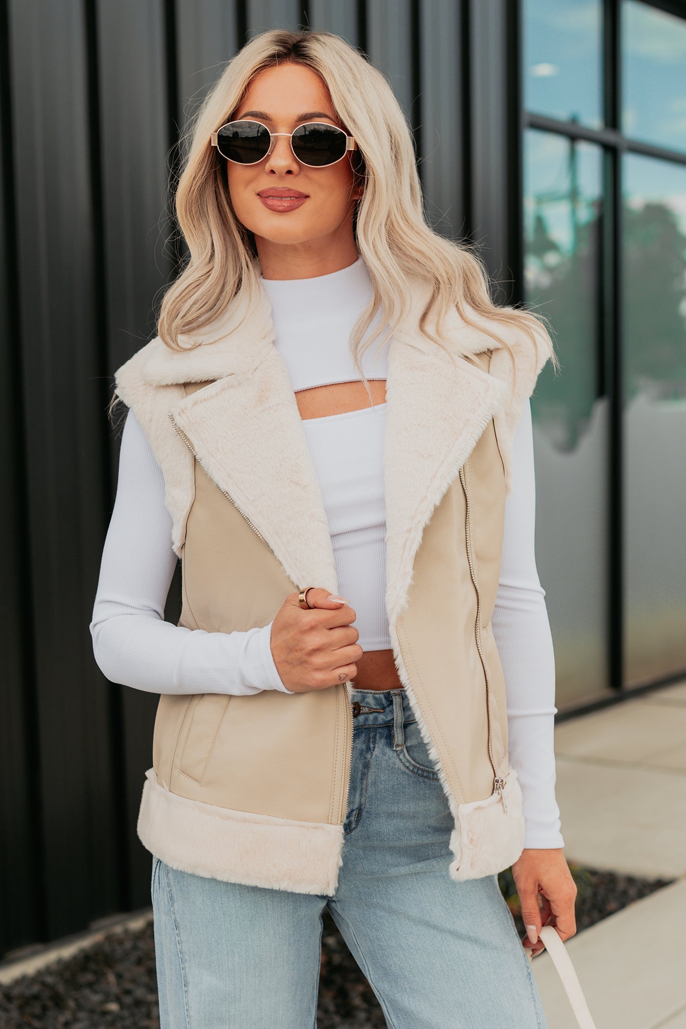 Cabin State Faux Leather Fur Lined Vest (Cream/Taupe)