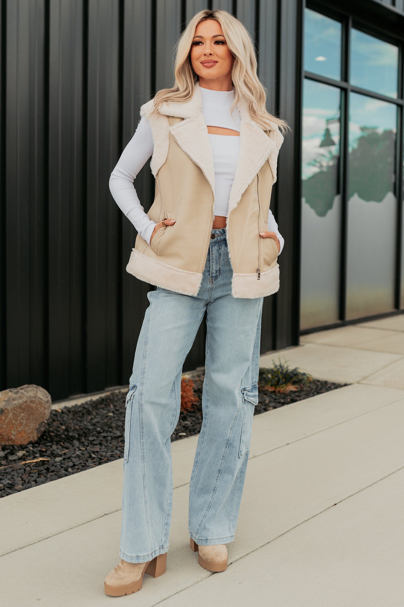 Cabin State Faux Leather Fur Lined Vest (Cream/Taupe)