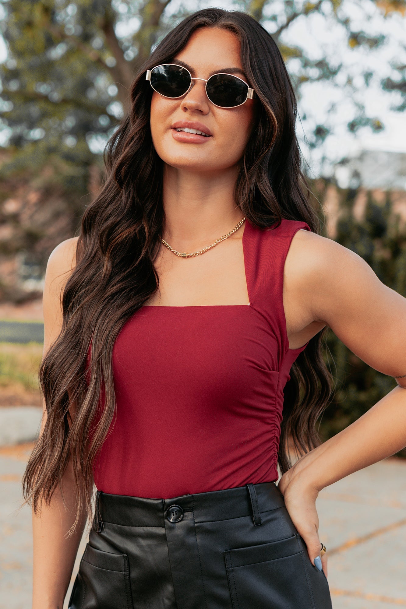 Burning Slow Sleeveless Square Neck Bodysuit (Ruby)