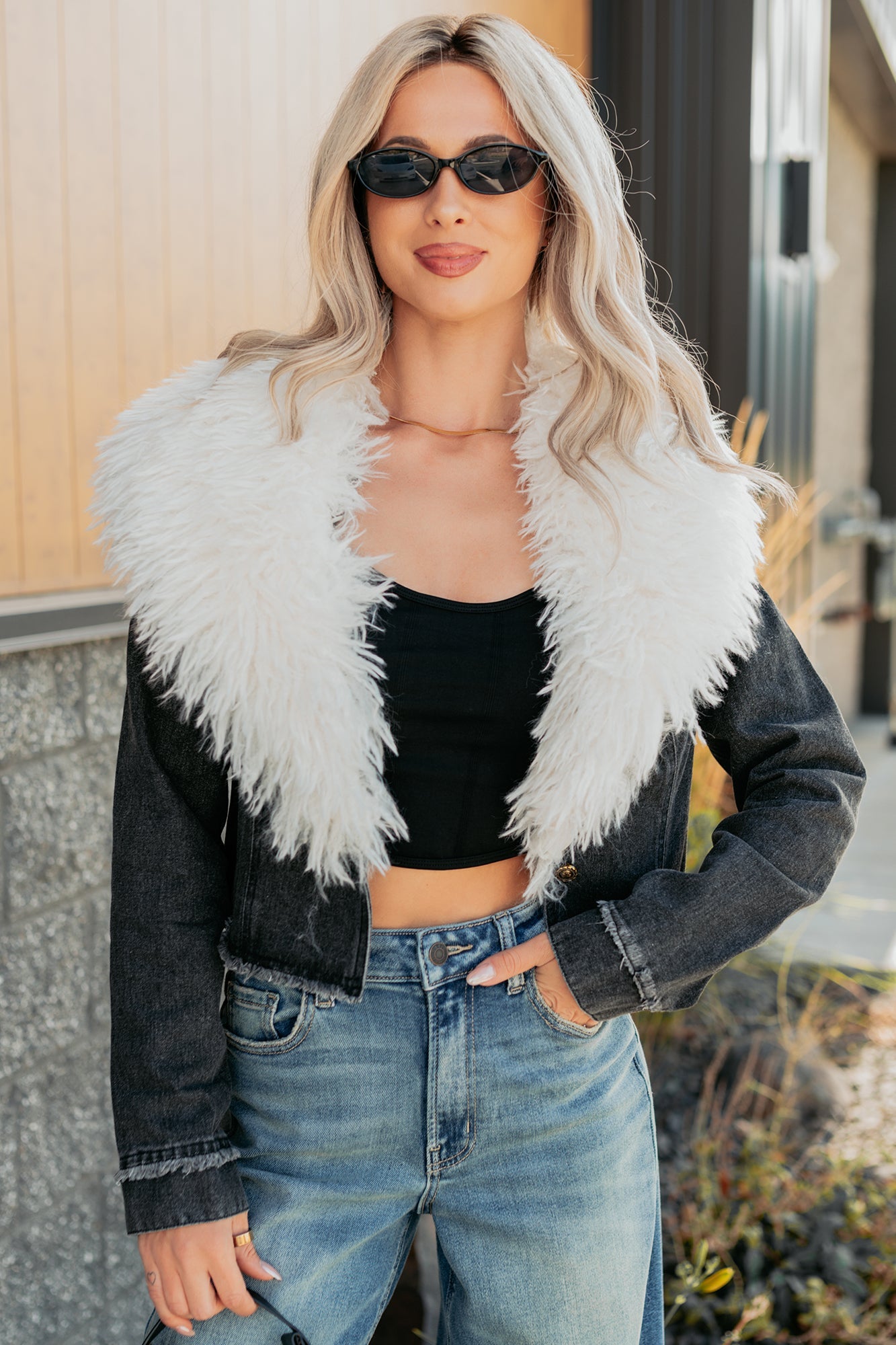 Unapologetic Glow Denim Fur Collar Jacket (Black)