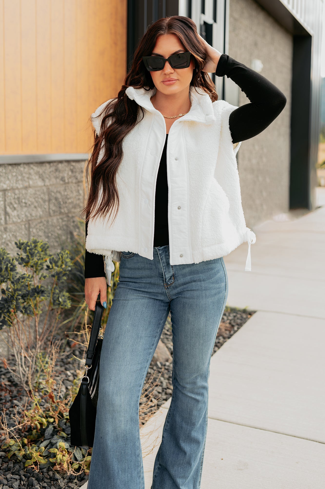 Frosted Glow High Neck Button Up Sherpa Vest (White)