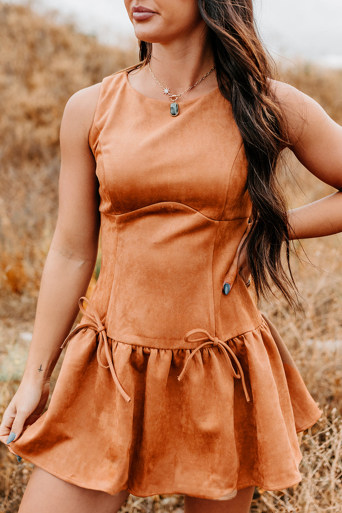 Wish You Luck Sleeveless Faux Suede Mini Dress (Camel)