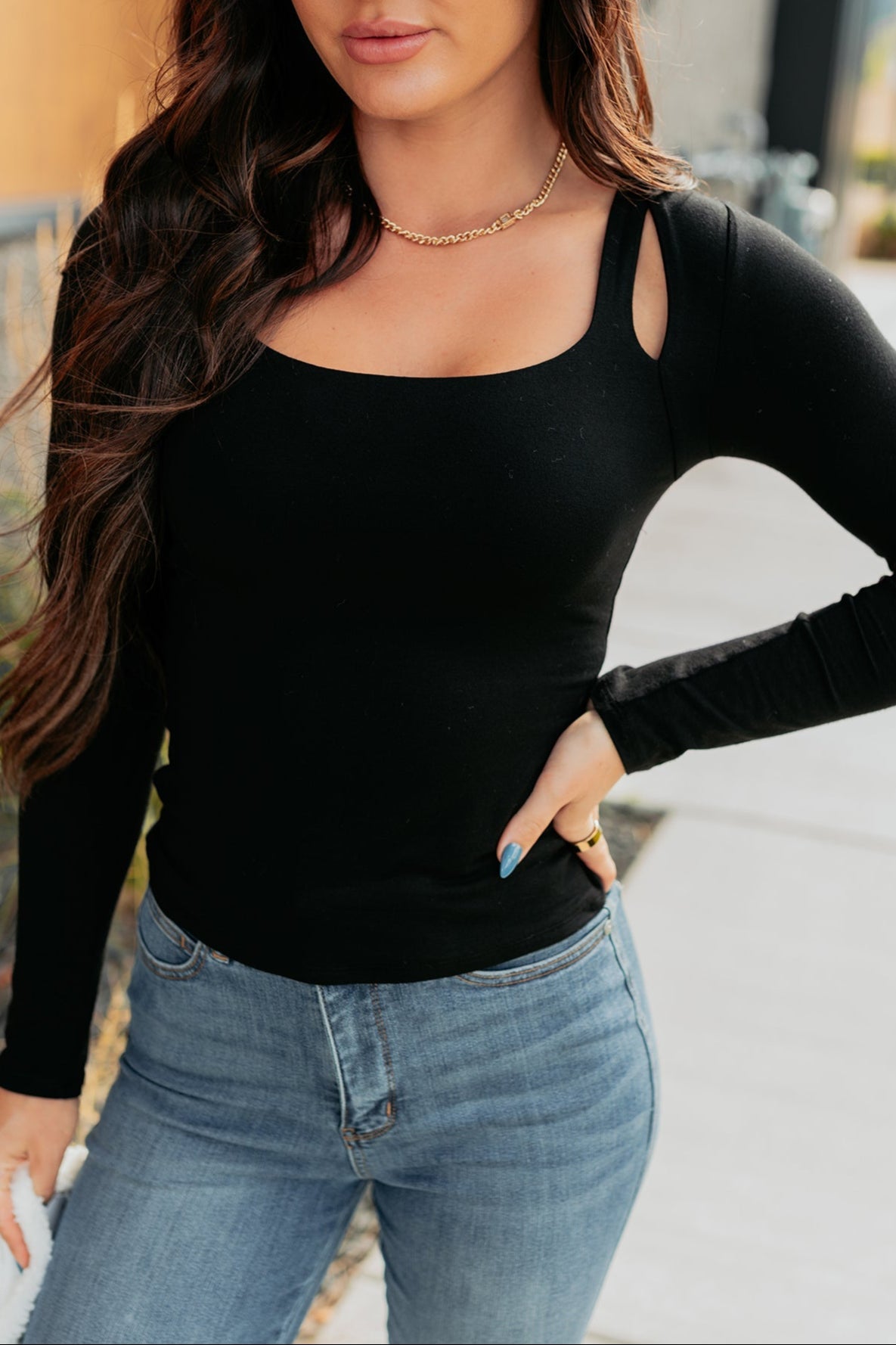 Comfort Space Square Neck Cut-Out Top (Black)