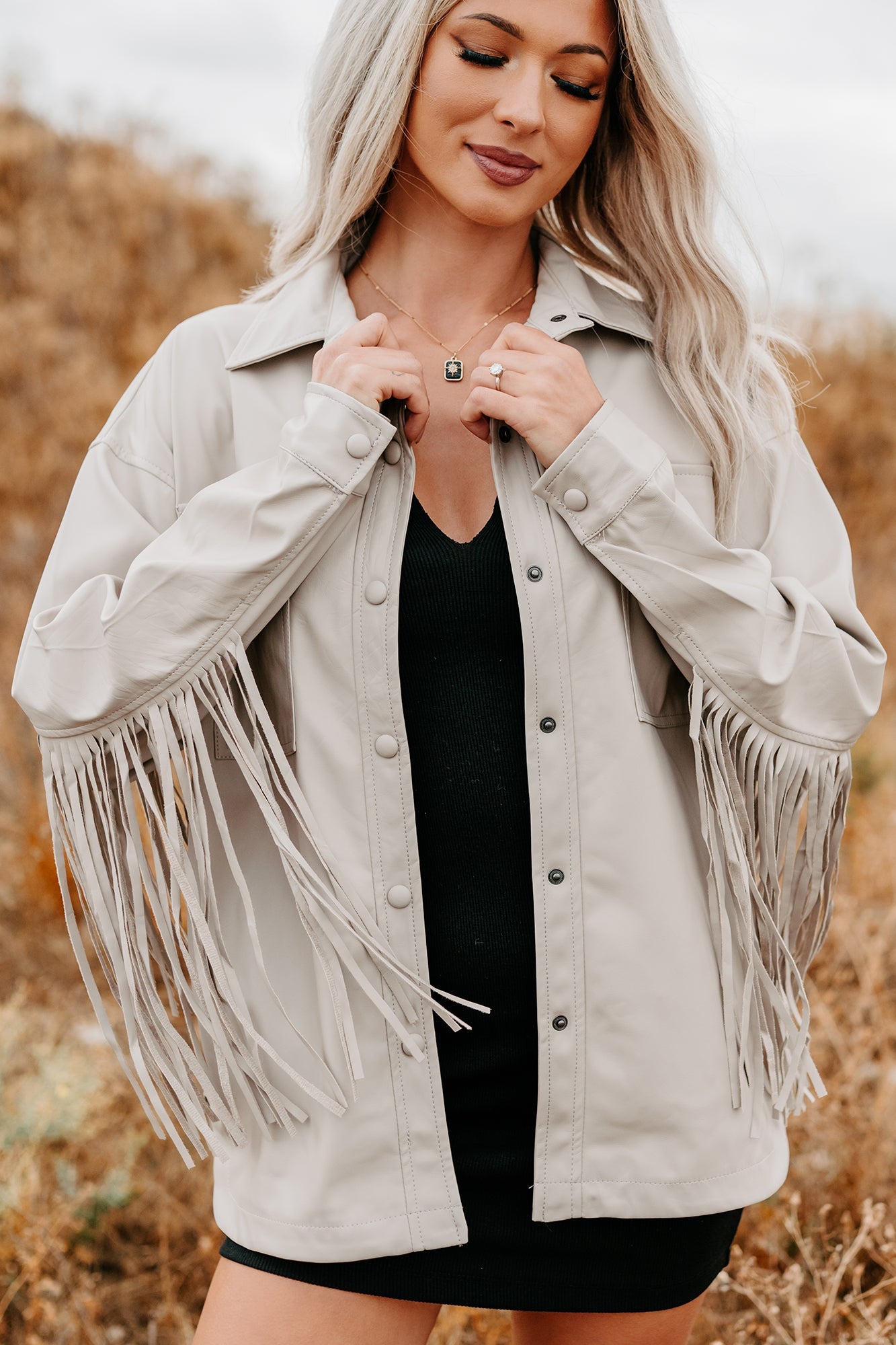 Wild West Whimsy Fringe Faux Leather Jacket (Cream)