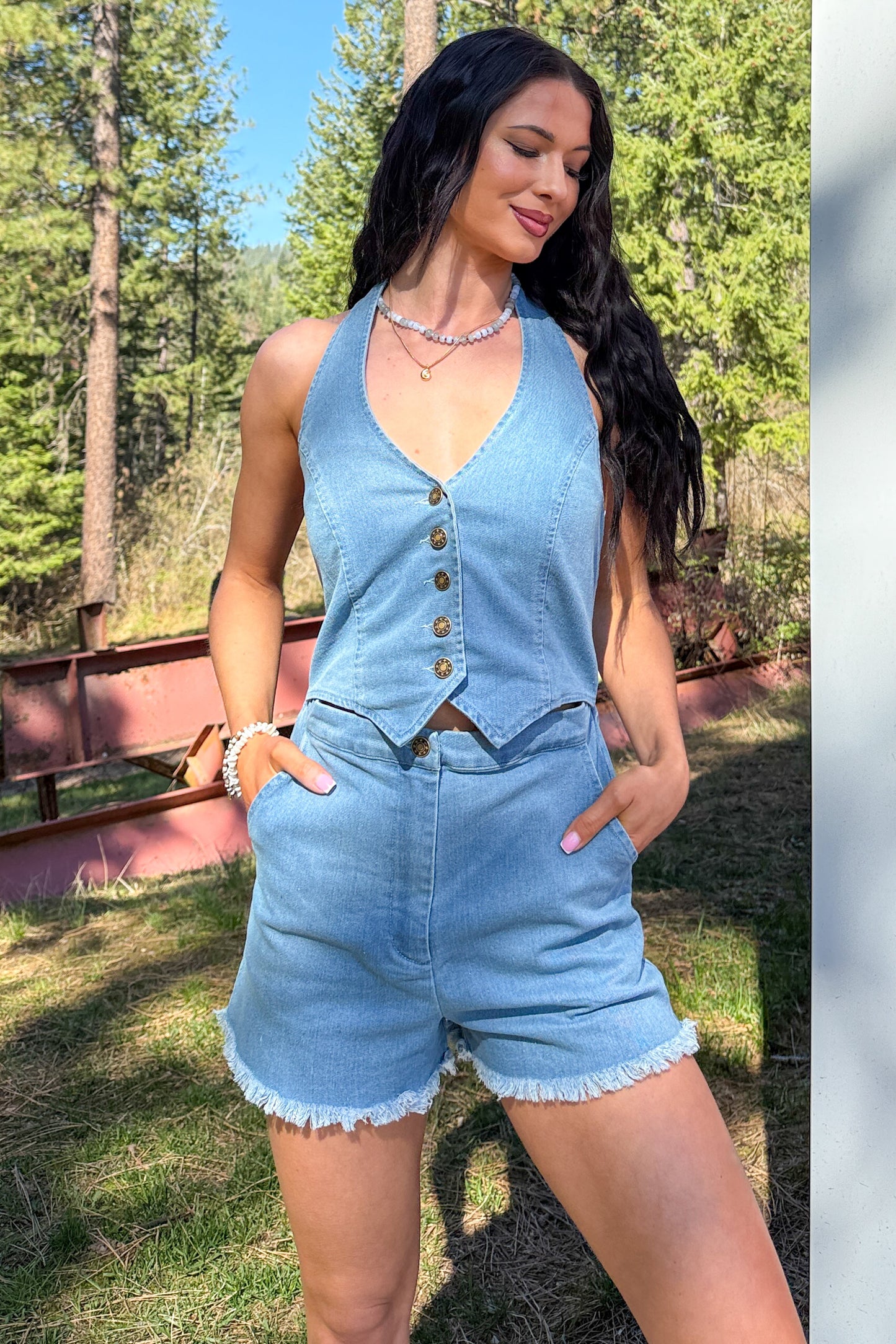 Born And Raised Denim Halter Vest Romper (Denim)