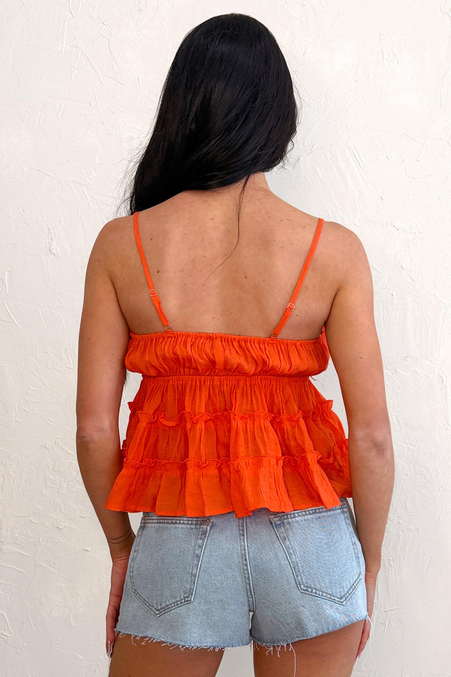 Chasing Sunshine Tiered Ruffle Babydoll Cami Top (Red Orange)