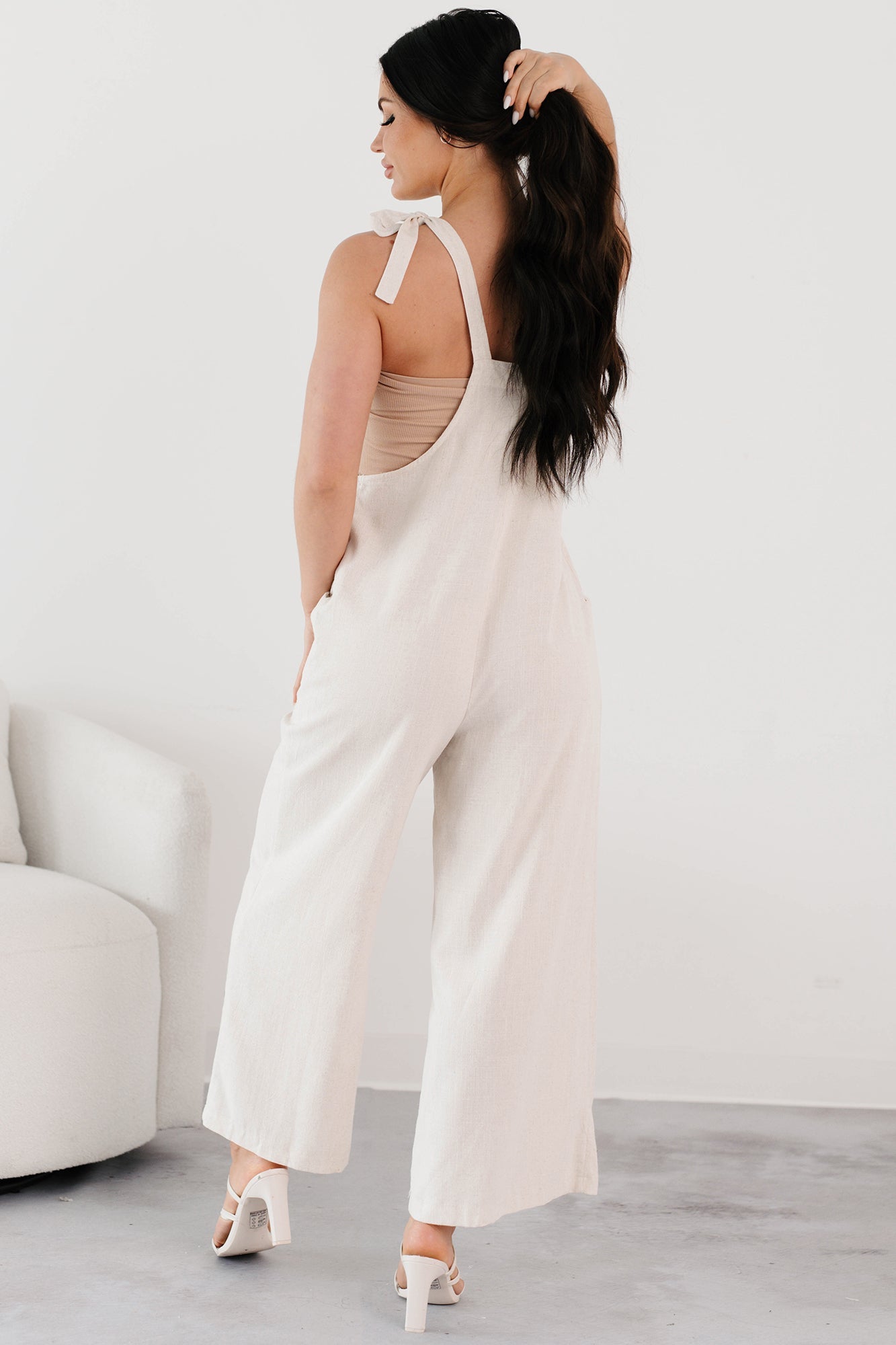 Alone At Last Tie Strap Linen Jumpsuit (Oatmeal)