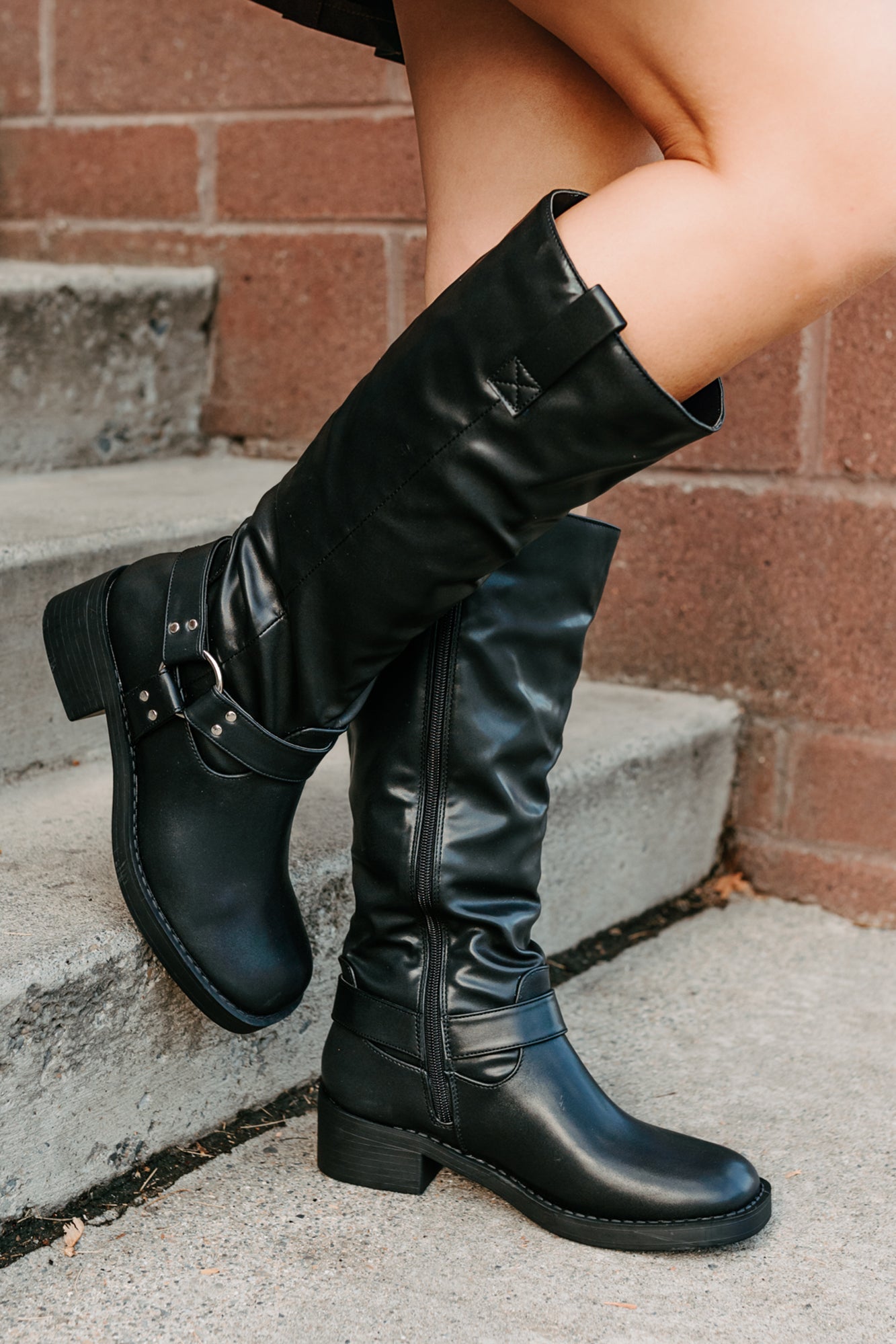 Clocking In Faux Leather Knee High Boots (Black)
