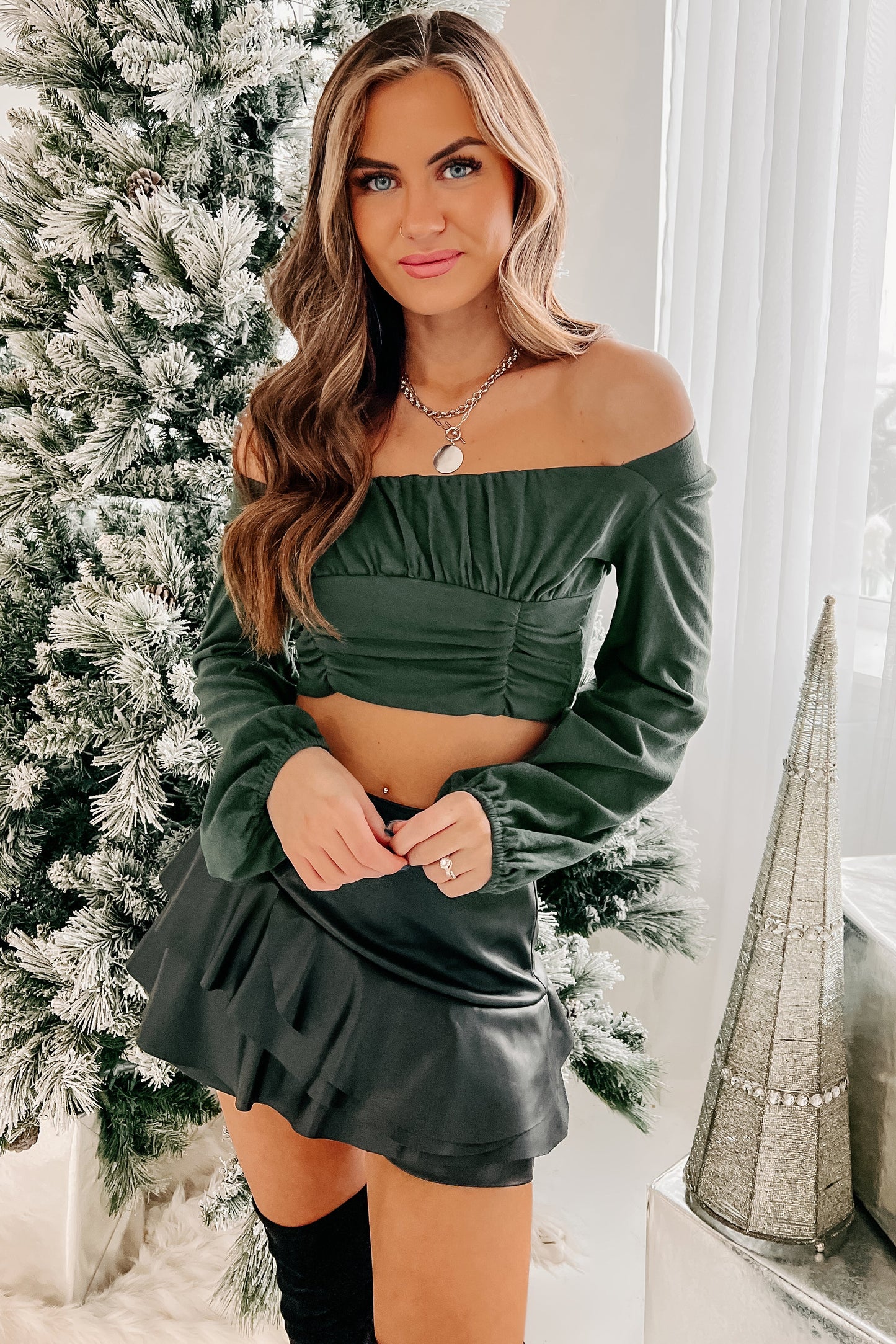 Keep Them Coming Ruched Long Sleeve Crop Top (Pine Green)