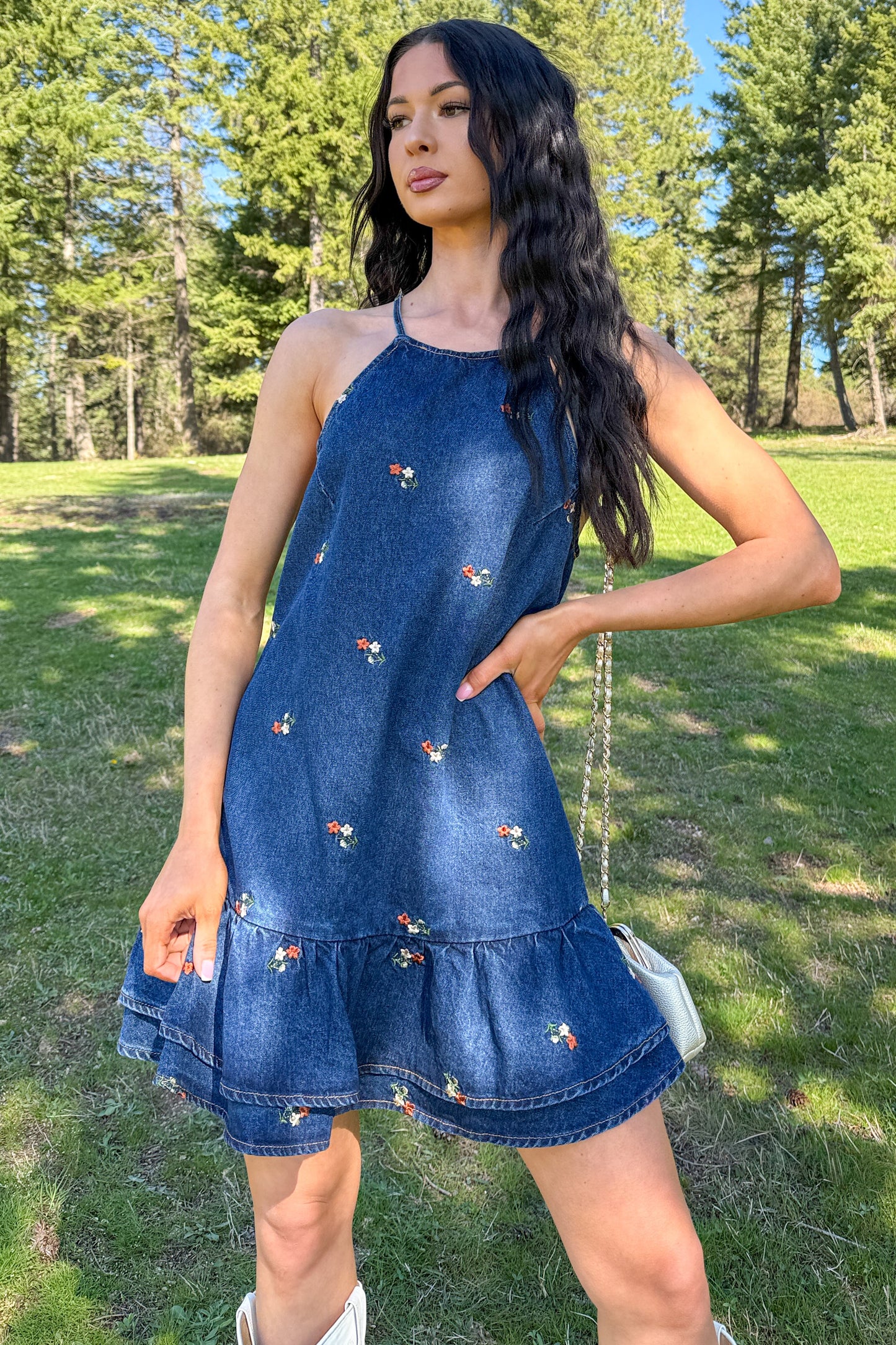 Graceful Grit Halter Floral Mini Dress (Dark Denim)
