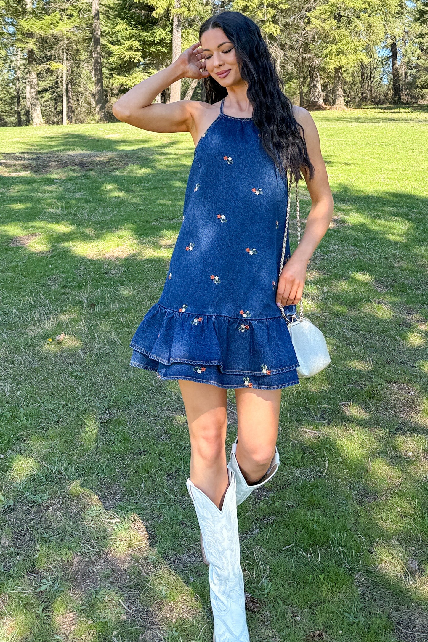 Graceful Grit Halter Floral Mini Dress (Dark Denim)