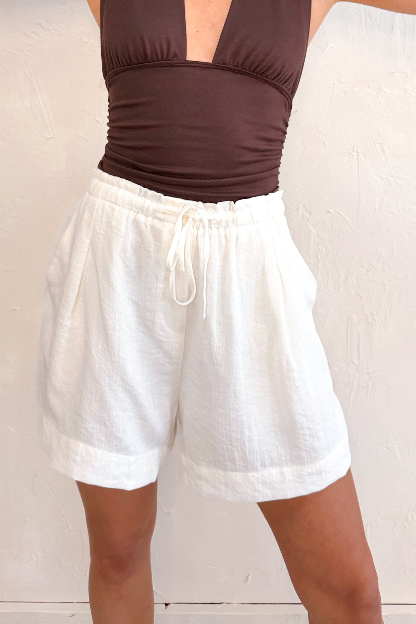 Homebody Mood Pleated Drawstring Shorts (White)