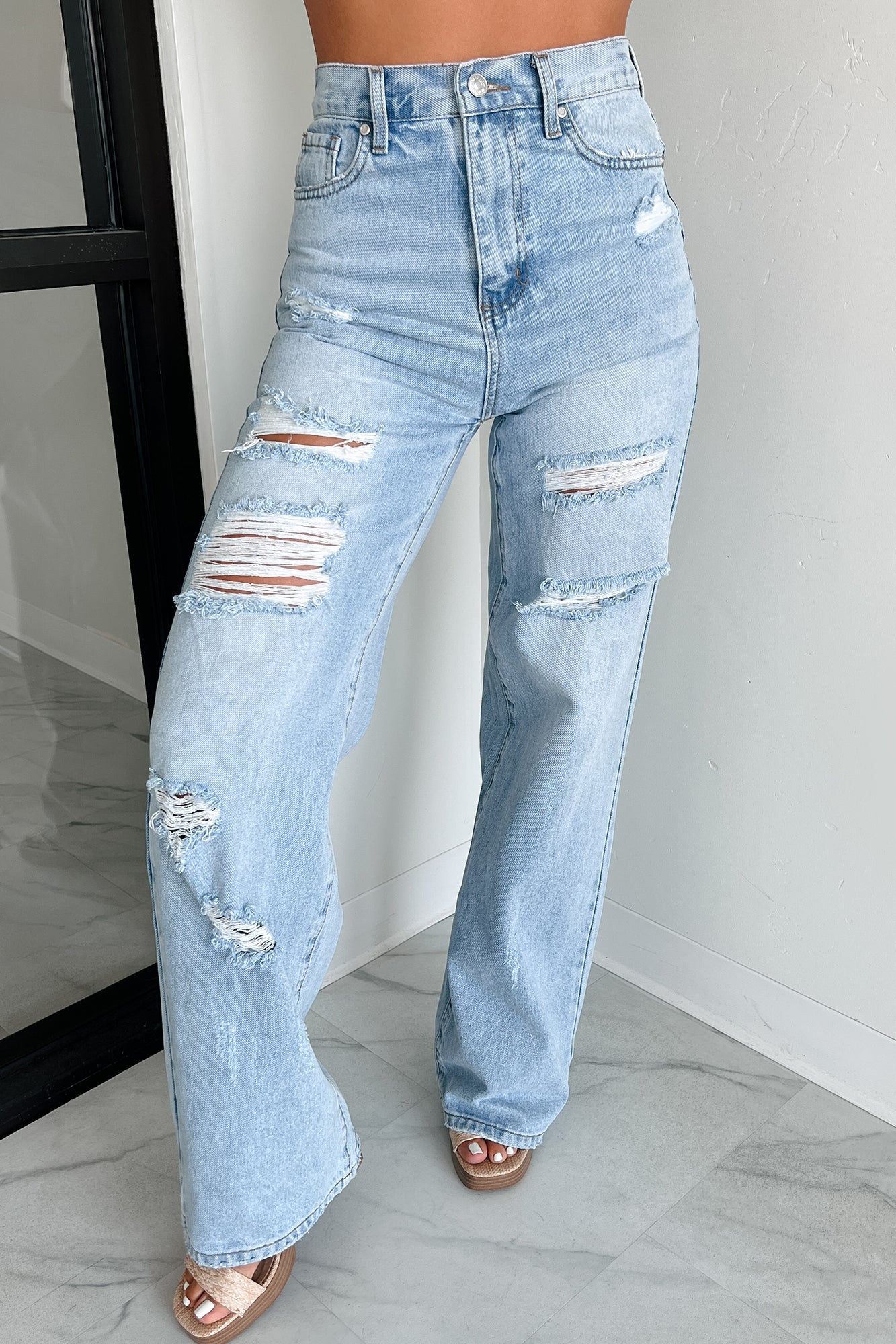 Callahan High Rise Distressed Wide Leg Jeans (Light Stone)