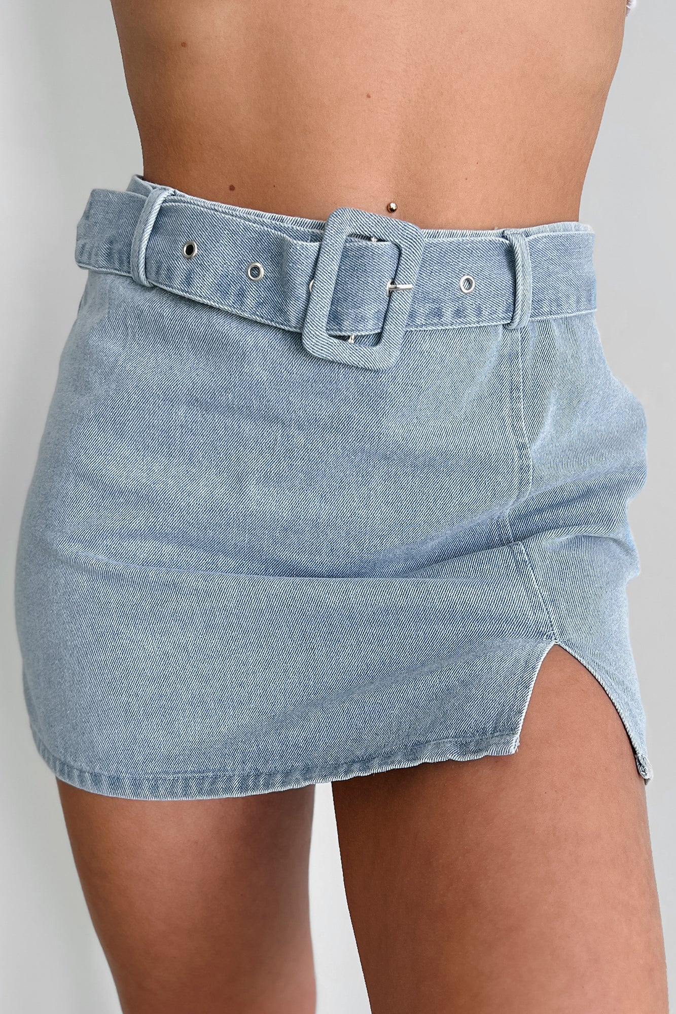 Growing Distant Belted Denim Mini Skirt (Washed Denim)