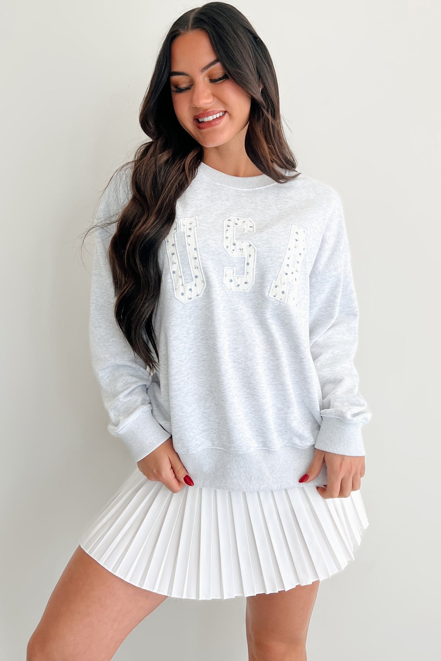 "USA" Floral Embroidered Sweatshirt (Light Grey)