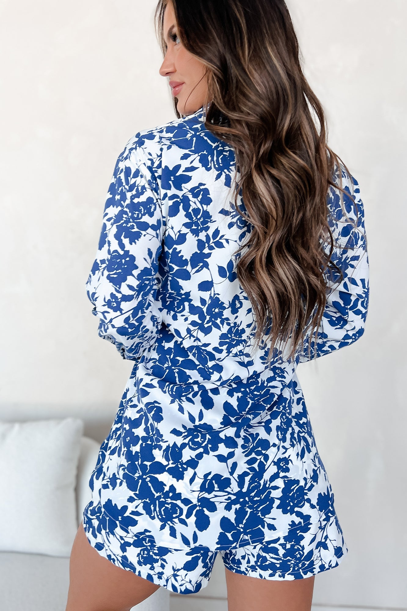 Blooming With Bliss Floral Button-Down Shirt & Shorts Set (Blue)