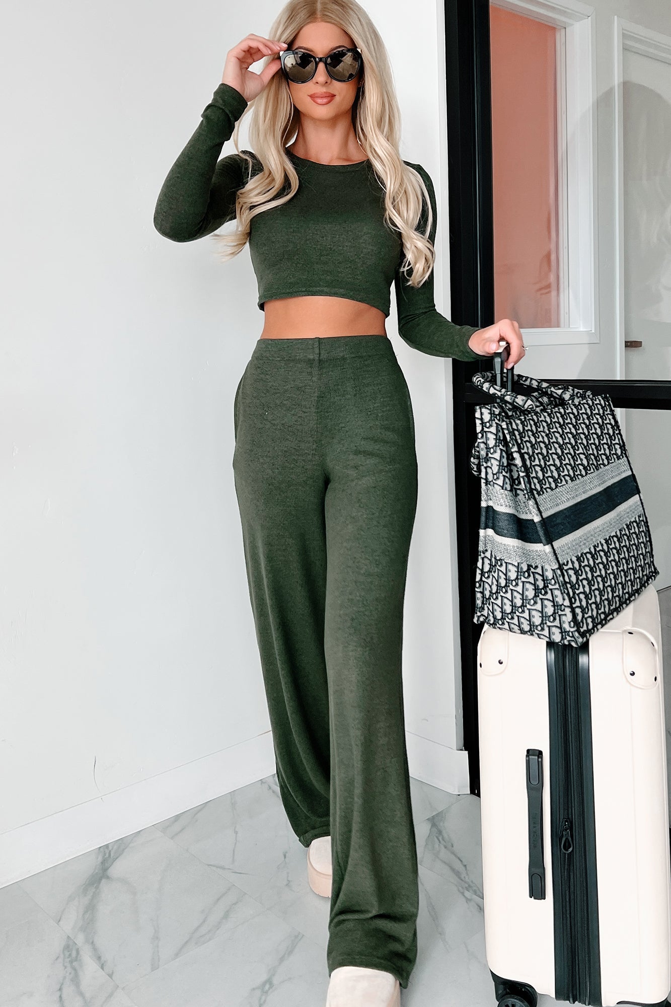 Asa Heathered Knit Crop Top & Pants Set (Olive)