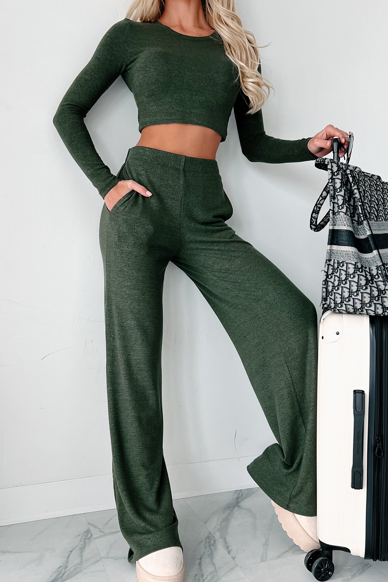 Asa Heathered Knit Crop Top & Pants Set (Olive)