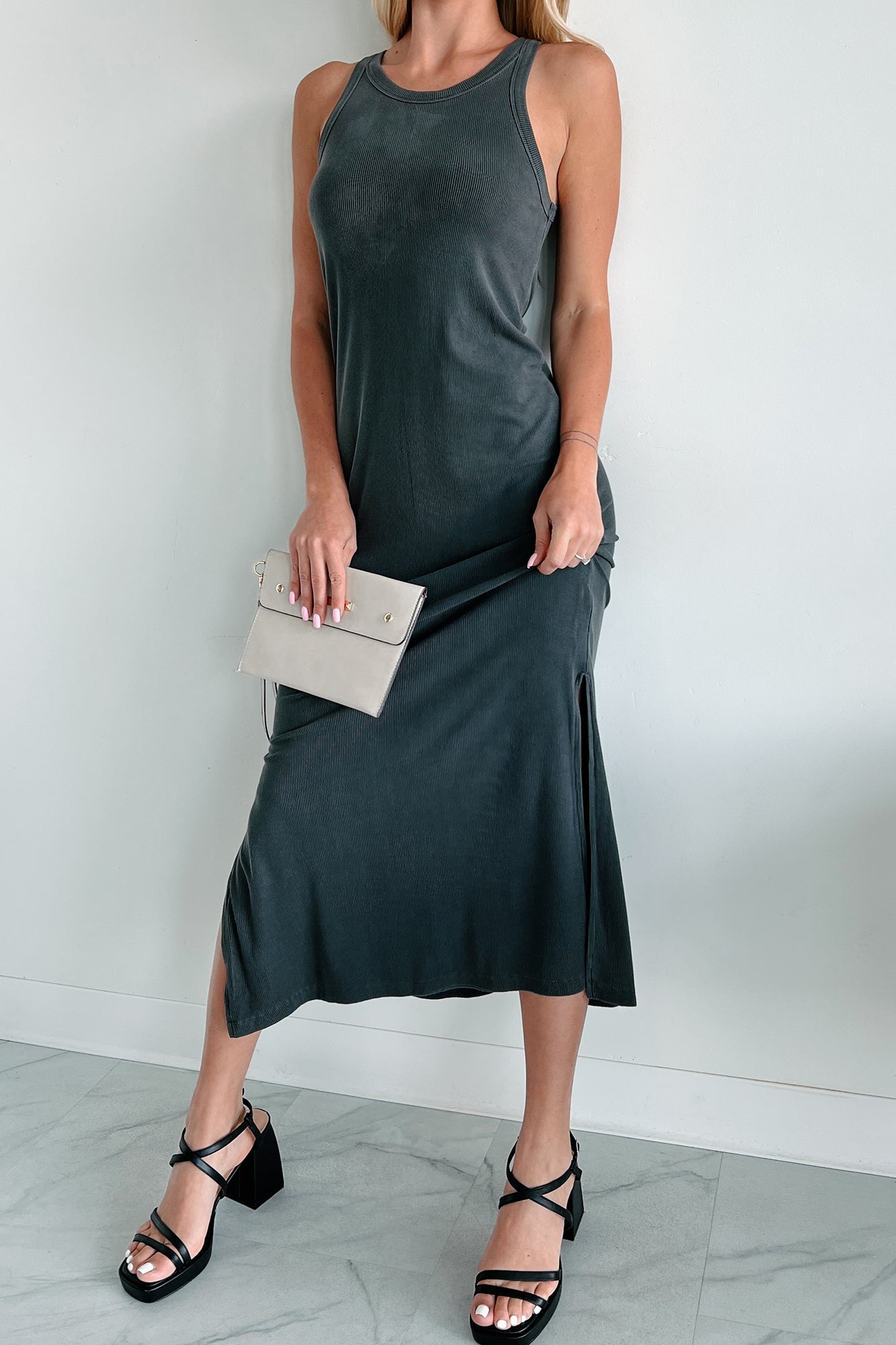 Chances Are Ribbed Tank Midi Dress (Charcoal)