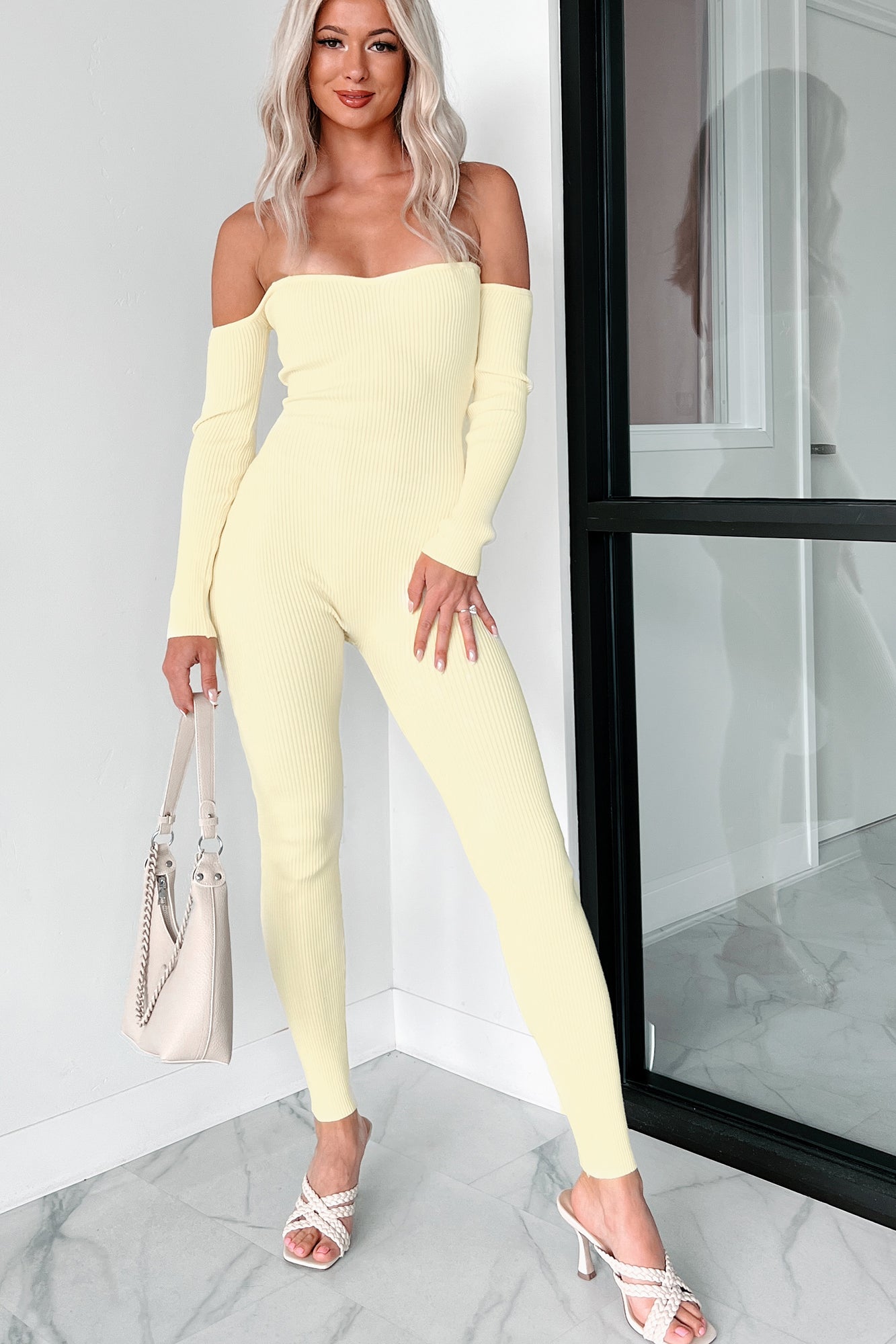 Telling Secrets Off The Shoulder Ribbed Catsuit (Yellow)