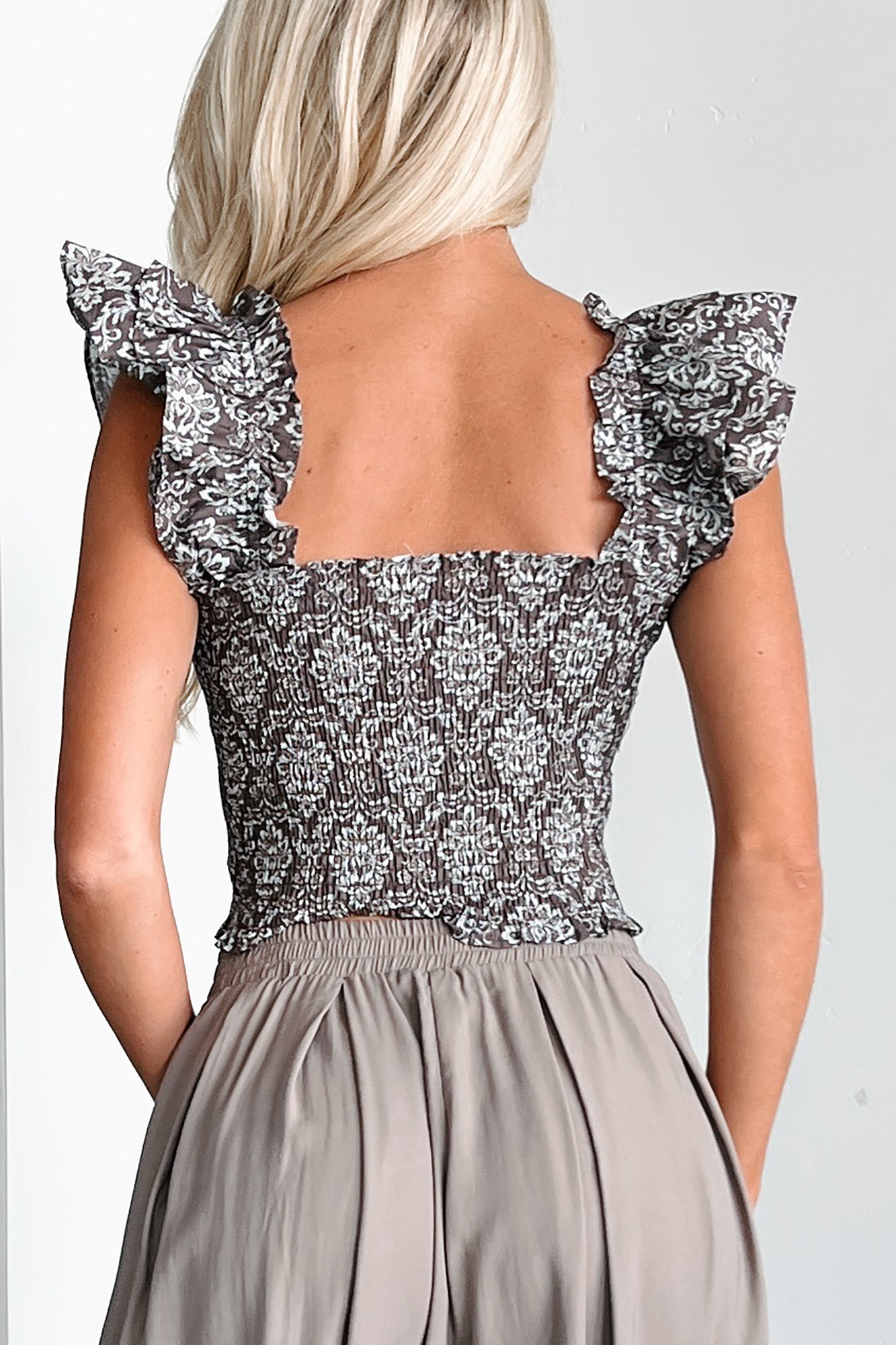 Big Attitude Smocked Ruffle Crop Top (Chocolate)