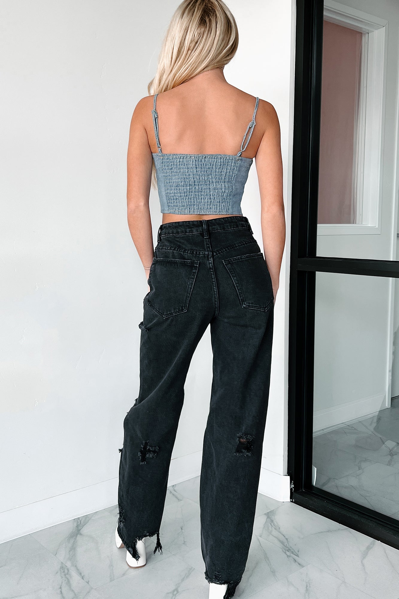 DOORBUSTER Subtle Slay Denim Plaid Zip-Front Tank Top (Blue Denim)