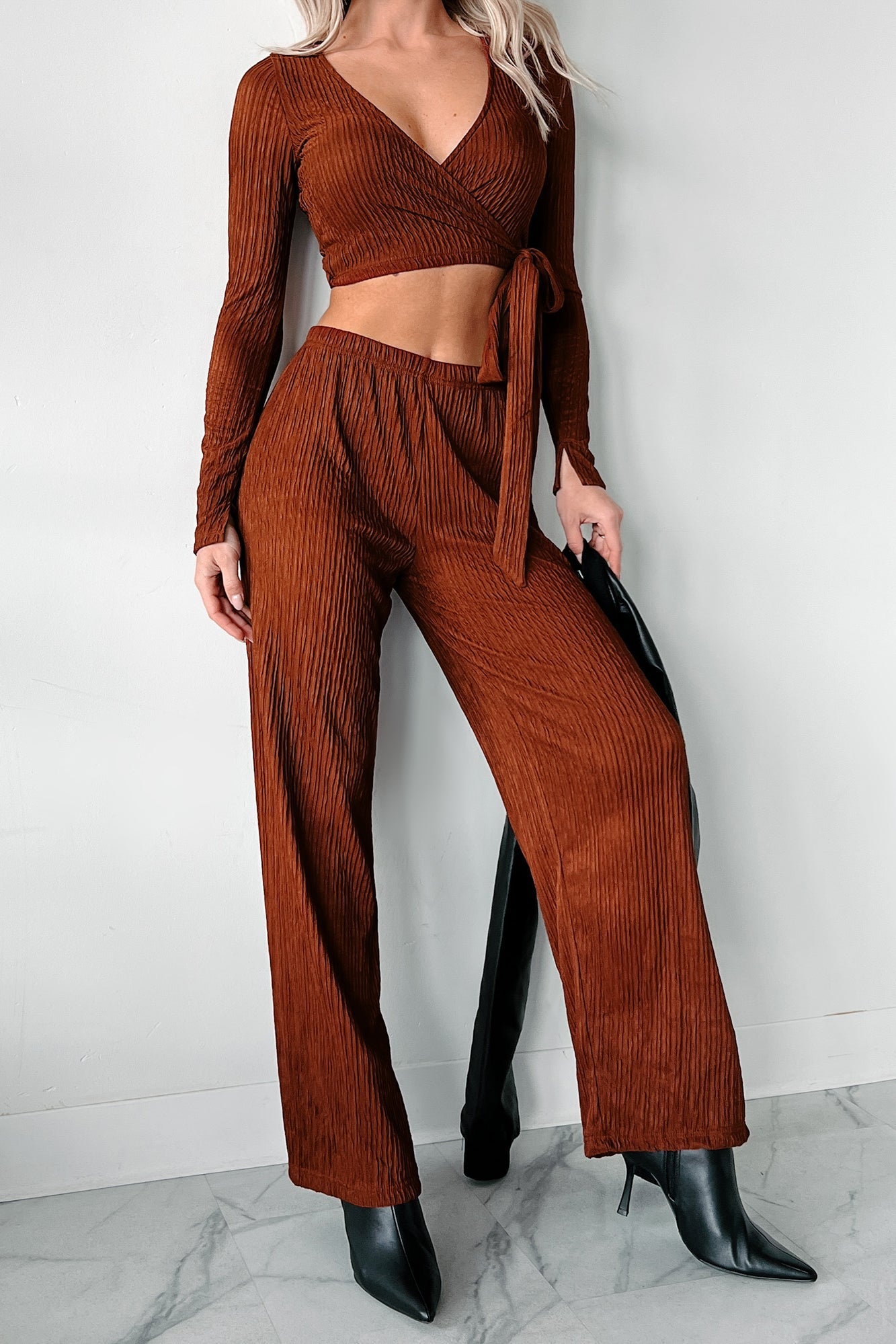 Following My Intuition Crinkled Plisse Wrap Top & Pants Set (Ancora Red)
