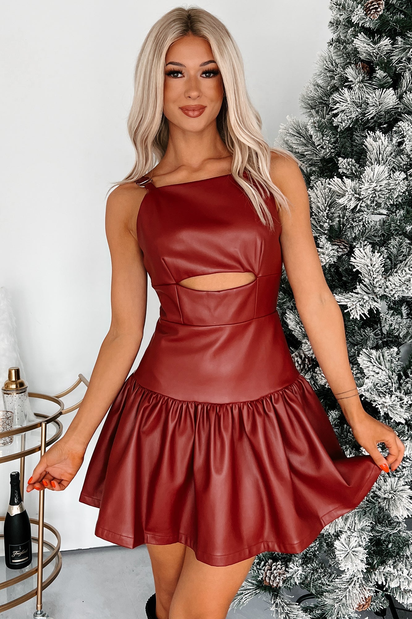 Never The Problem Faux Leather Cut-Out Dress (Burgundy)