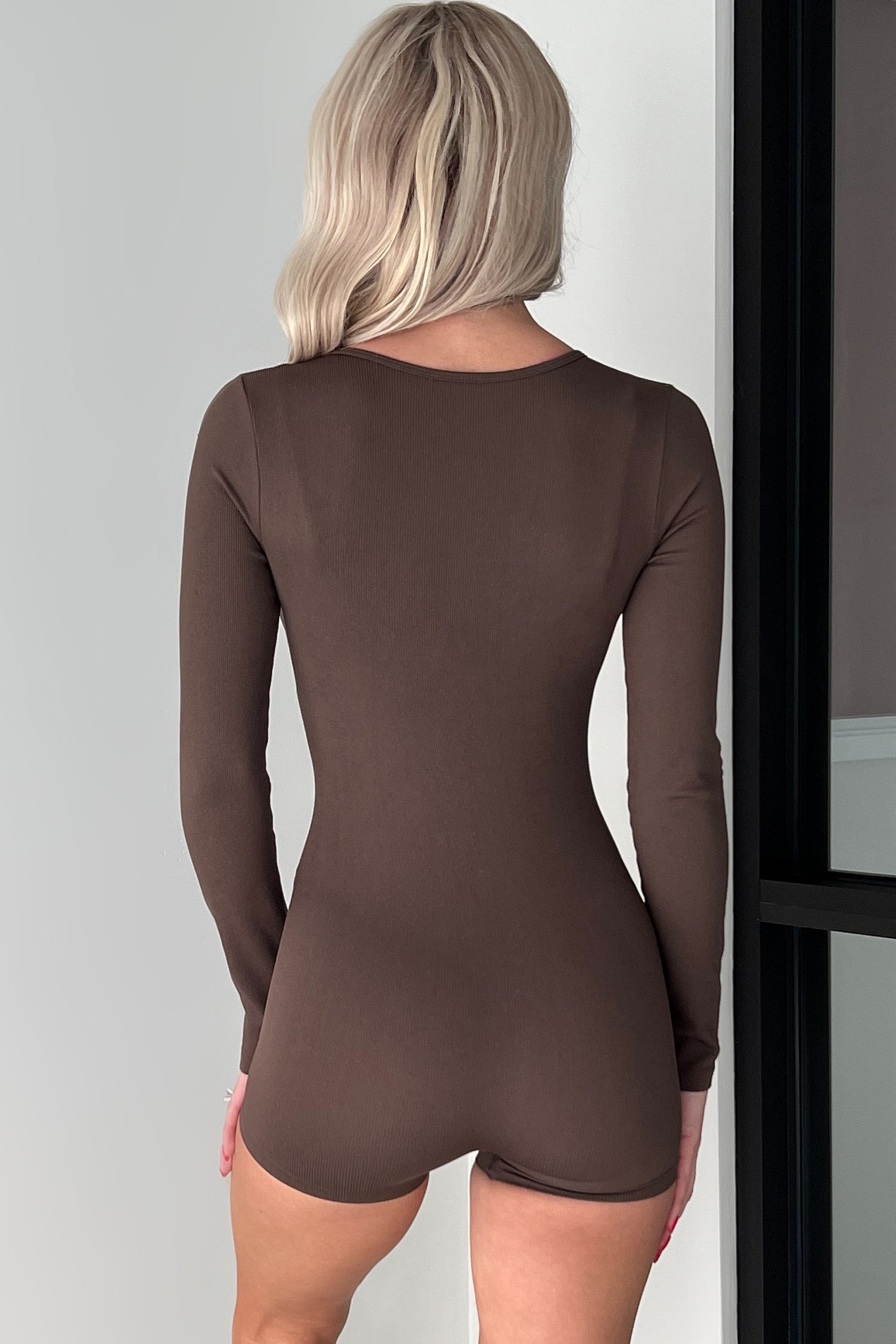 DOORBUSTER Nurturing My Soul Button Front Long Sleeve Romper (Espresso)