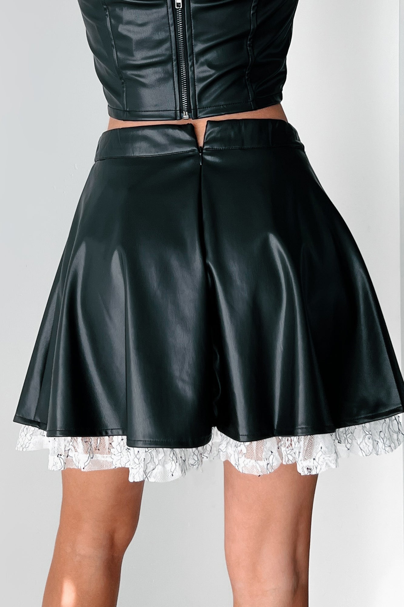 DOORBUSTER Always Flirty Ruffle Lace Faux Leather Skirt (Black)