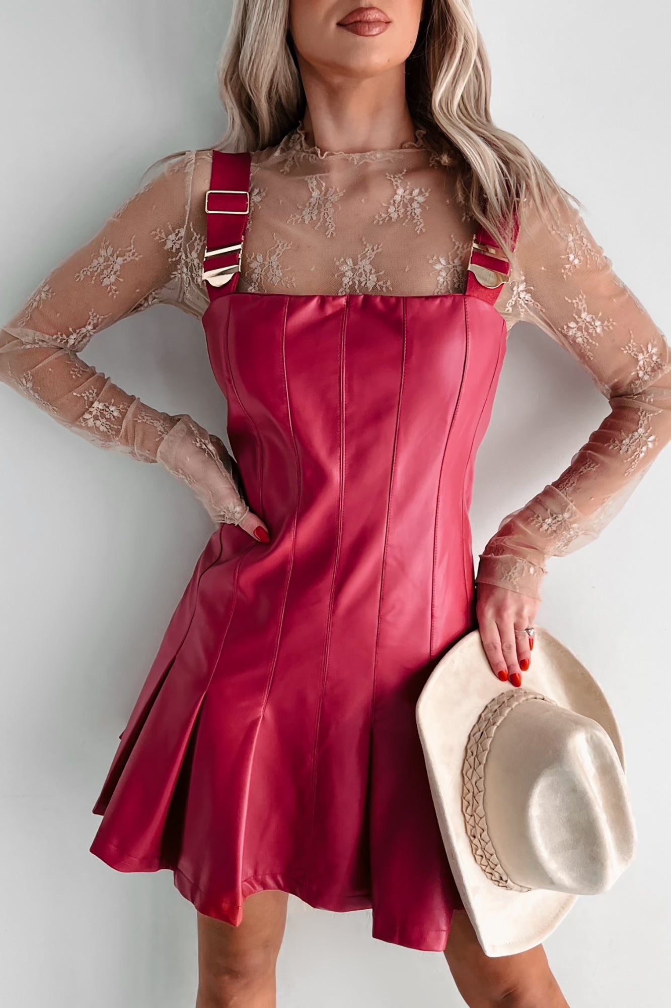 One Of None Pleated Faux Leather Dress (Magenta)