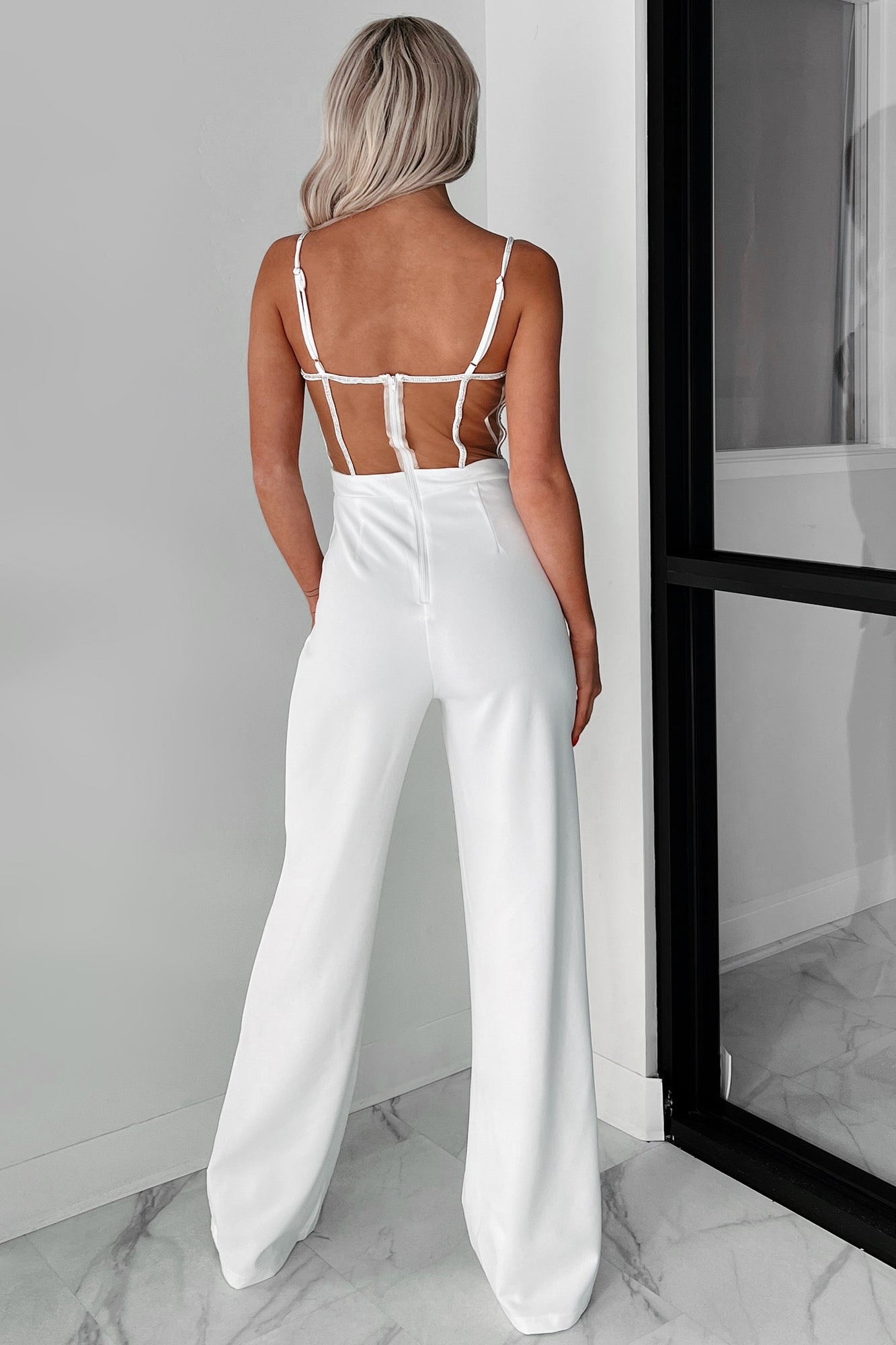 I Promise You Forever Rhinestone Mesh Jumpsuit (White)
