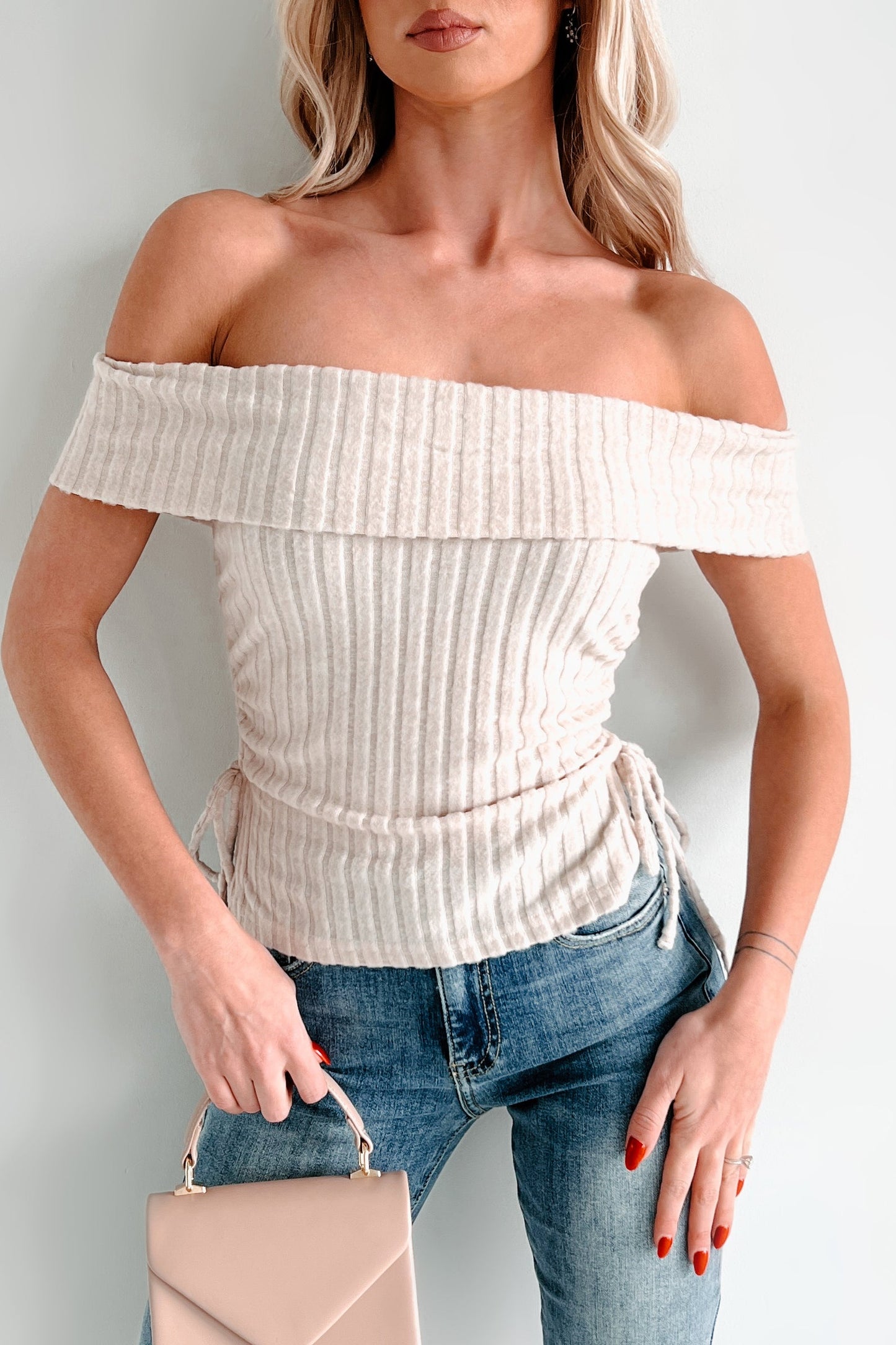 I'm Still Deciding Off The Shoulder Drawstring Side Top (Cream)