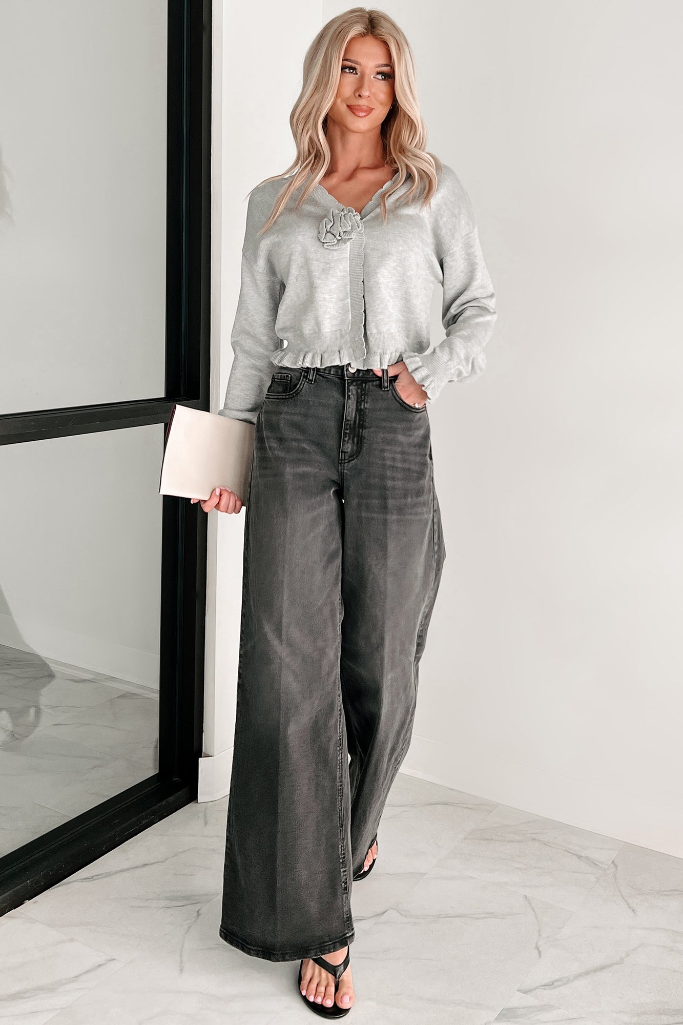 Comfortable Confidence Ruffle Knit Cardigan (Grey)