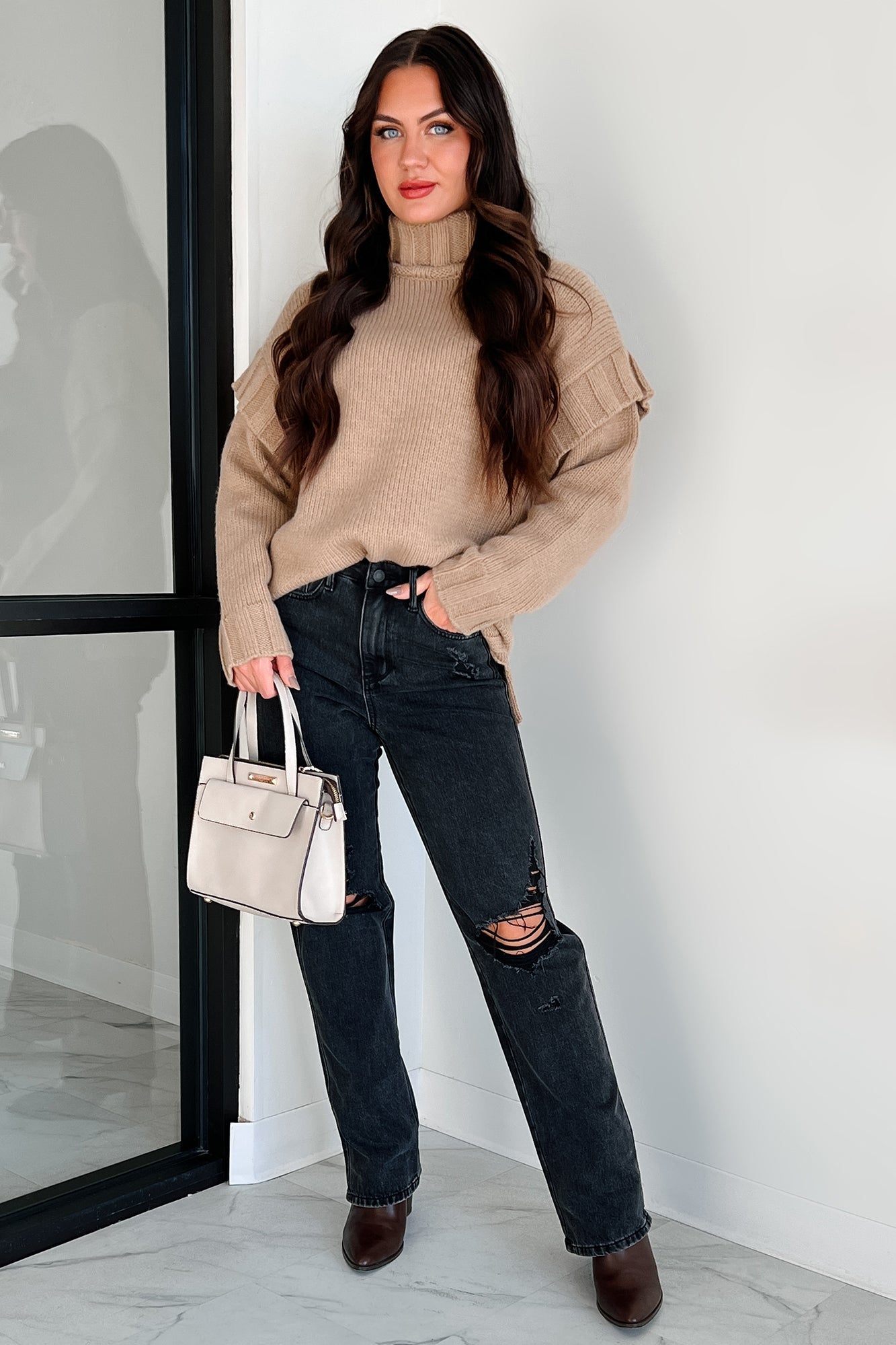 Staying Connected Oversized Turtleneck Sweater (Taupe)