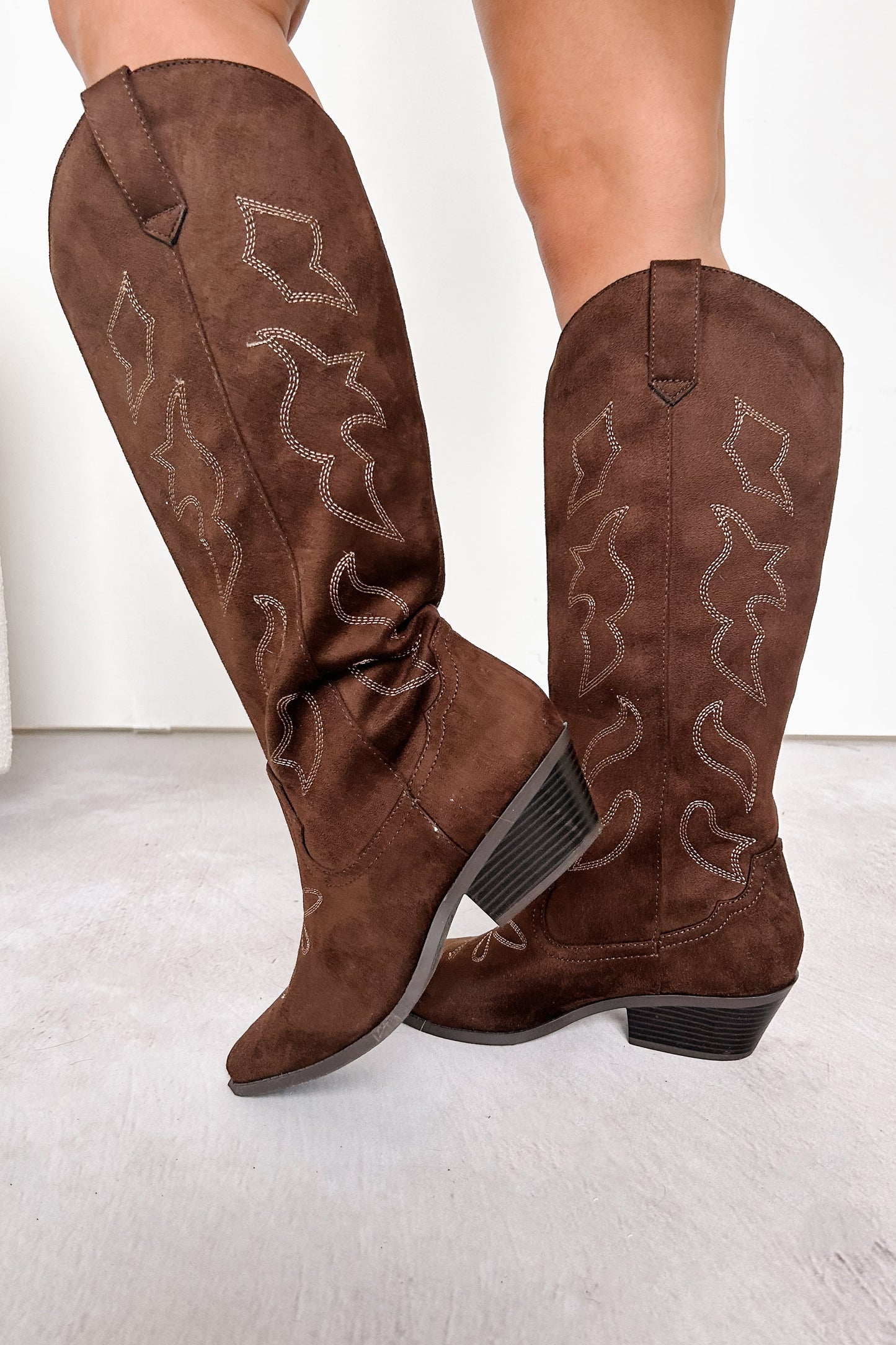 A Wild Ride Faux Suede Western Boots (Brown)