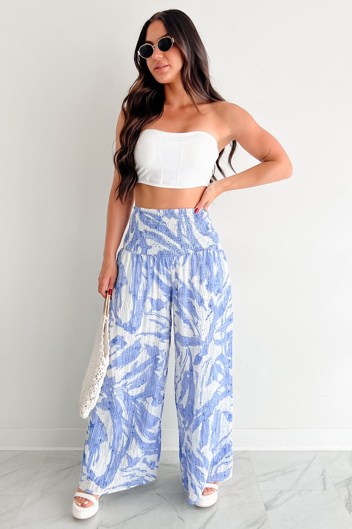 Iconic Option Printed Smocked Wide Leg Pants (Blue)